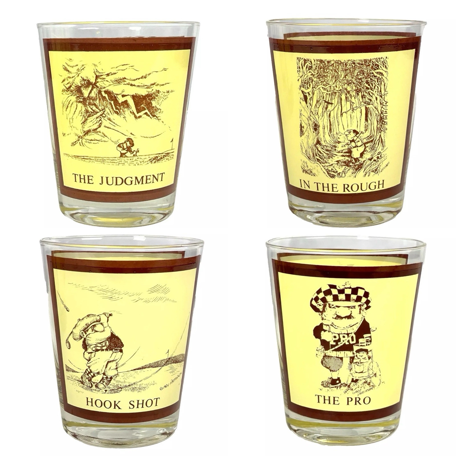 Golf Pro Judgement Hook Shot In Rough 4 Vtg Cocktail Rocks Glass Lot Patterson