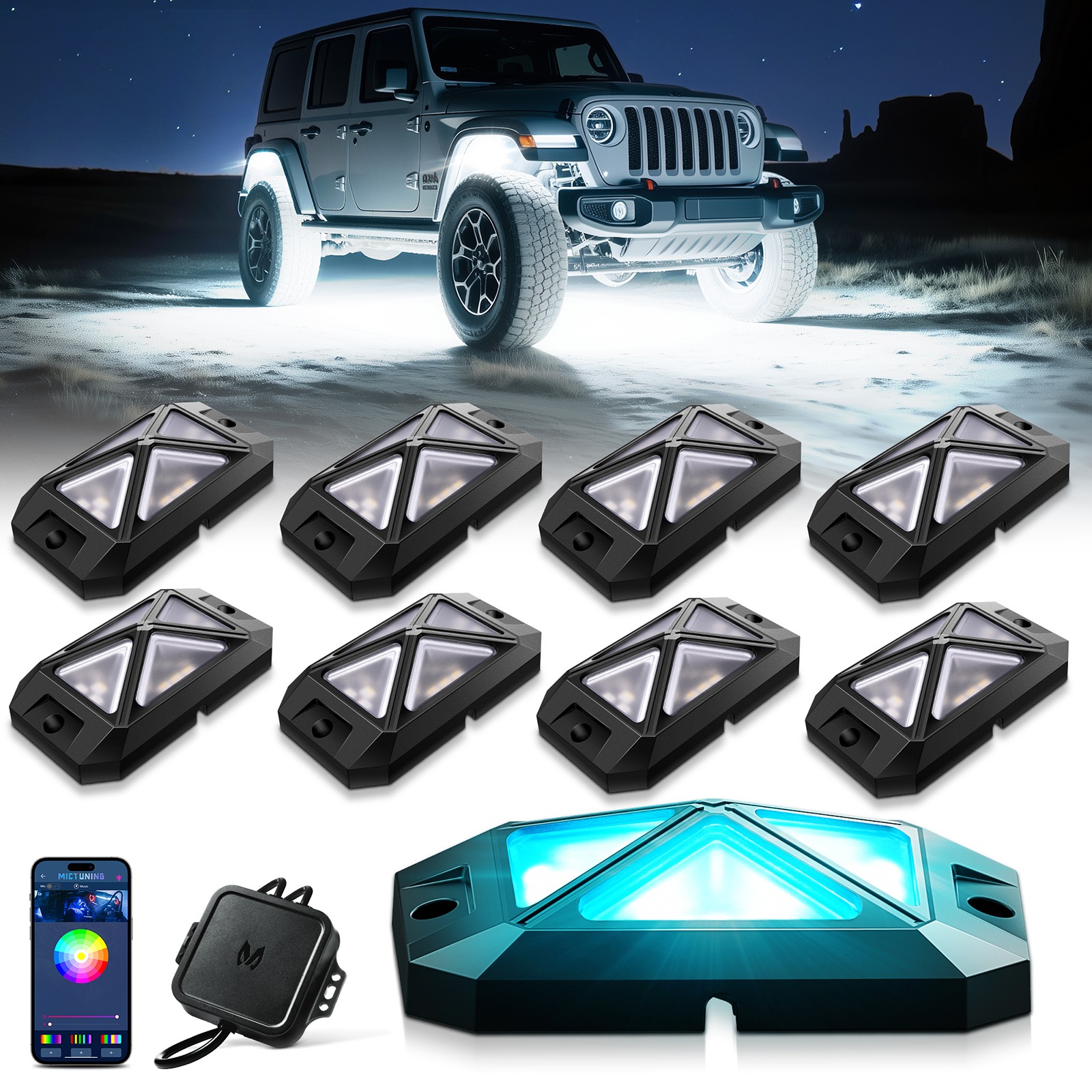 MICTUNING 48W C4 8 Pods RGBW LED Rock Lights, Underglow Neon Accent Lighting Kit