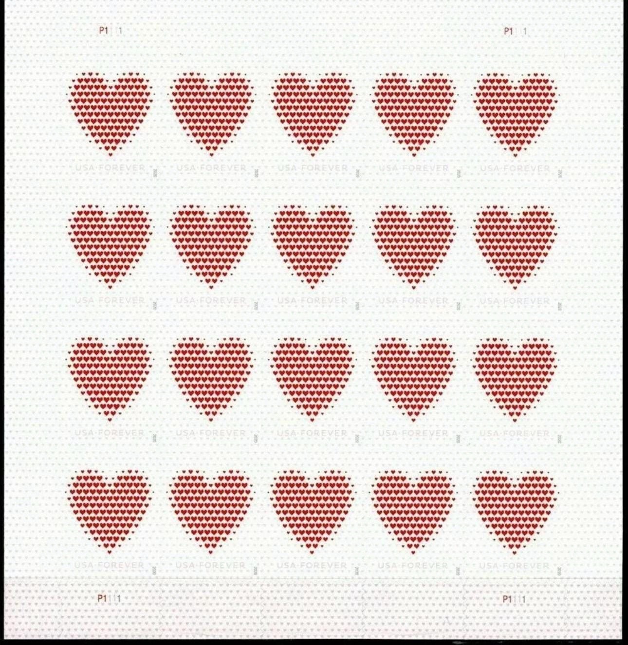 2020 USPS SHEET OF 20 FIRST CLASS LETTER STAMPS MADE OF HEARTS 78¢