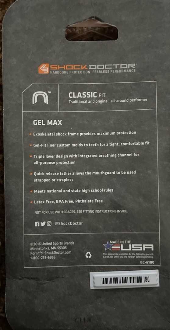 Mouthguard Shock Doctor Gel Max Sport Protection Strapless Youth Age 10 Blue