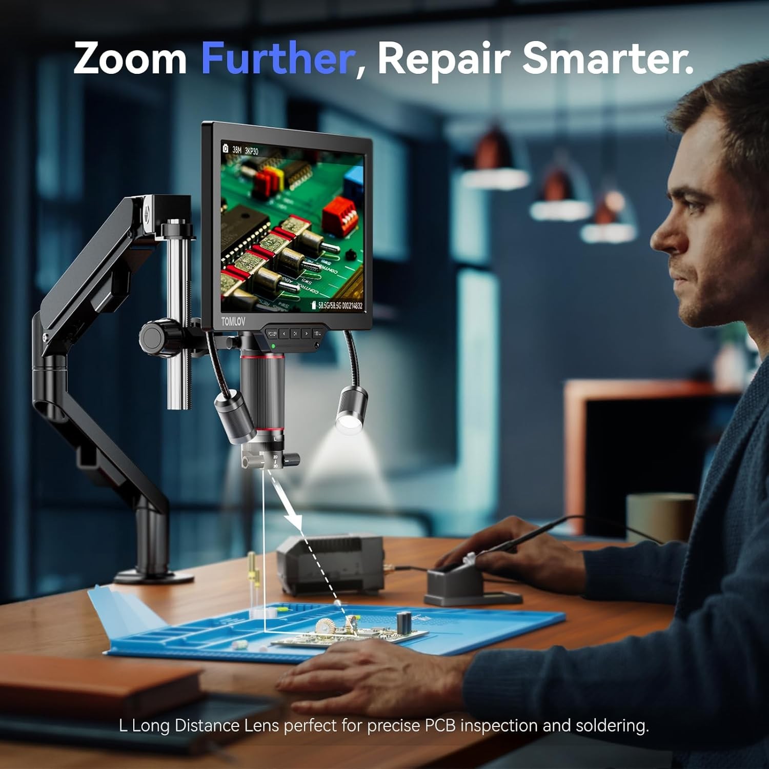 TOMLOV 3D Digital Soldering Microscope 38MP 2000X Coin Microscope Flex Arm 3K