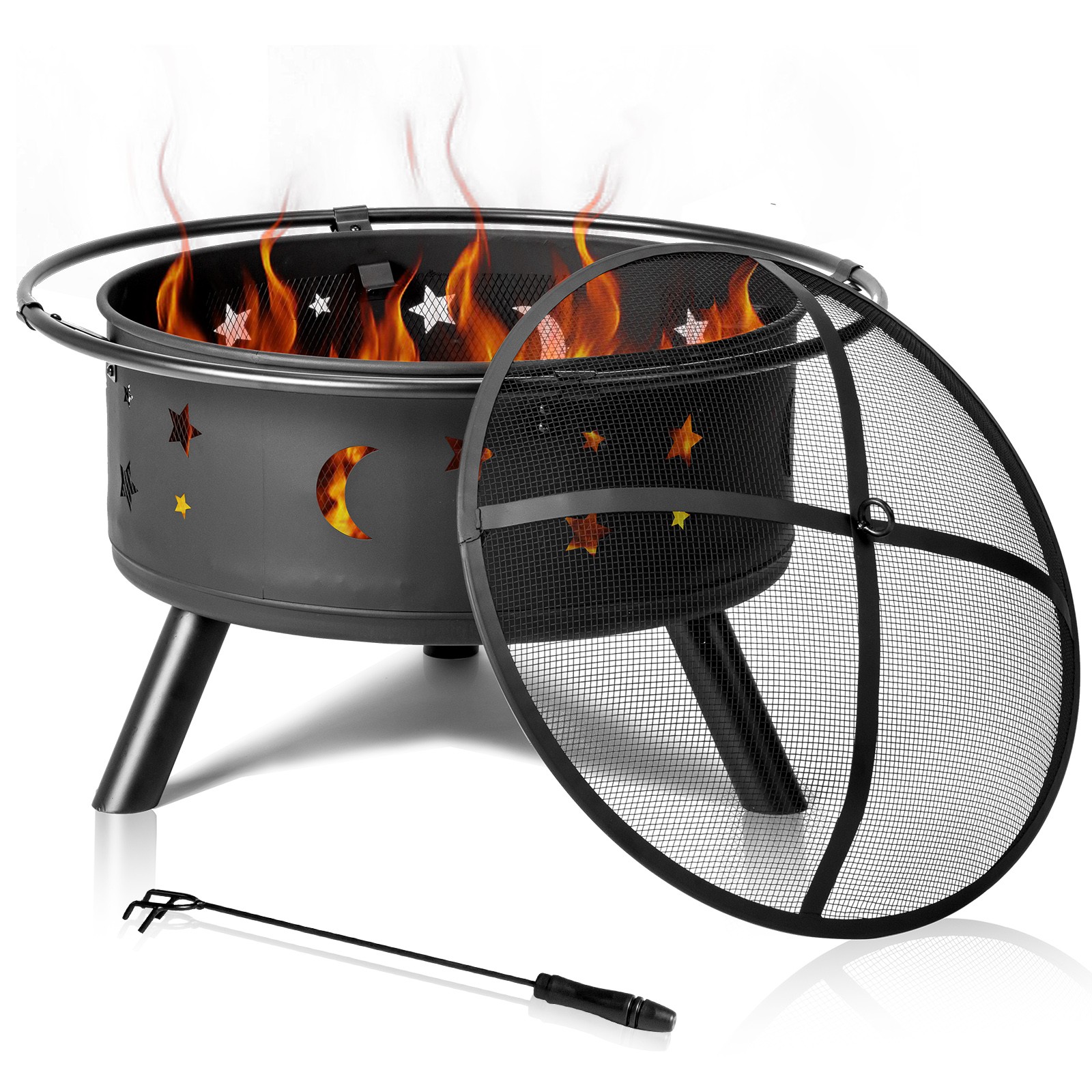 30 inch Outdoor Wood Burning Metal Fire Pit with Spark Screen, Fire Poker, Black