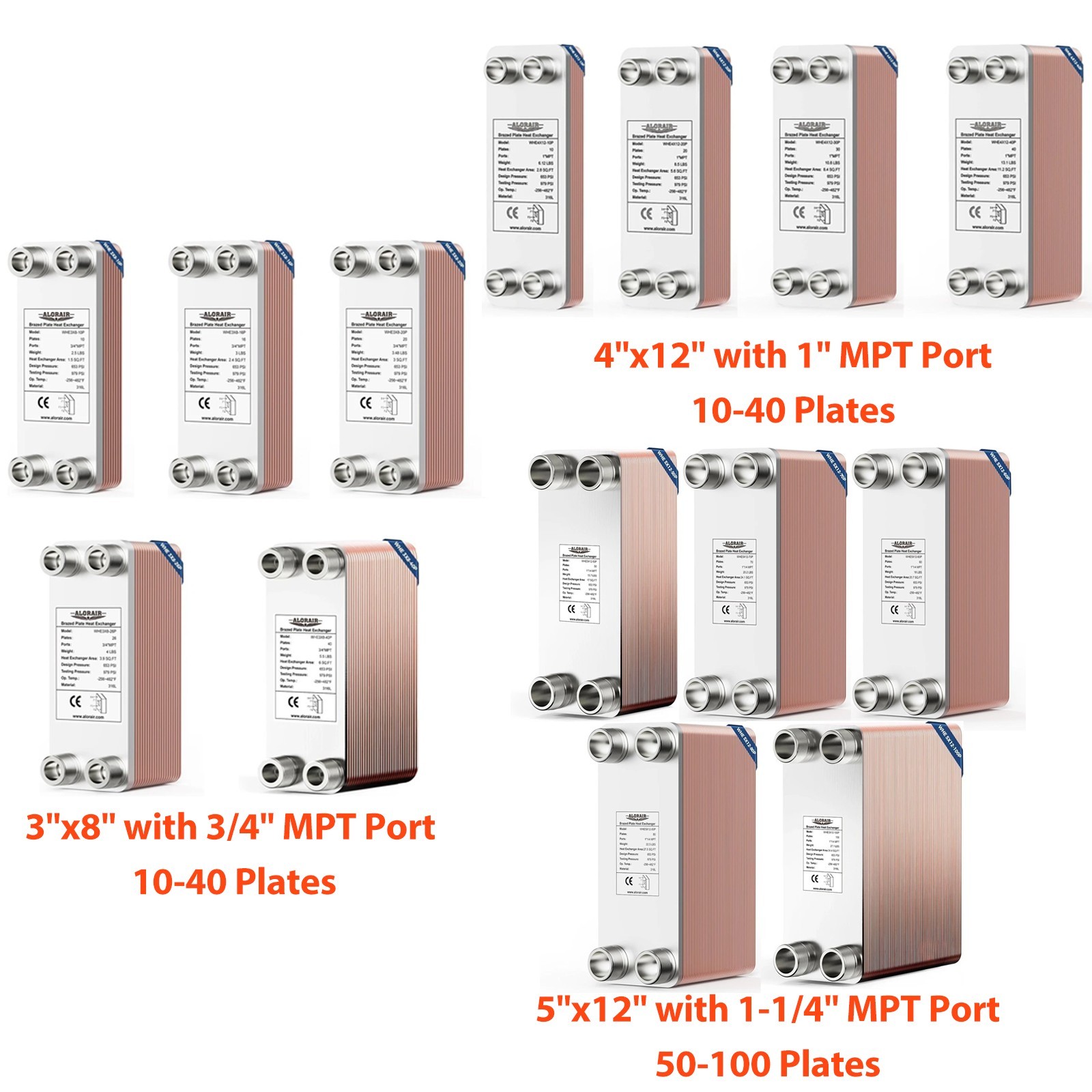 ALORAIR Brazed Plate Heat Exchanger 316L St.Steel - Muti Size, MPT Port & Plates