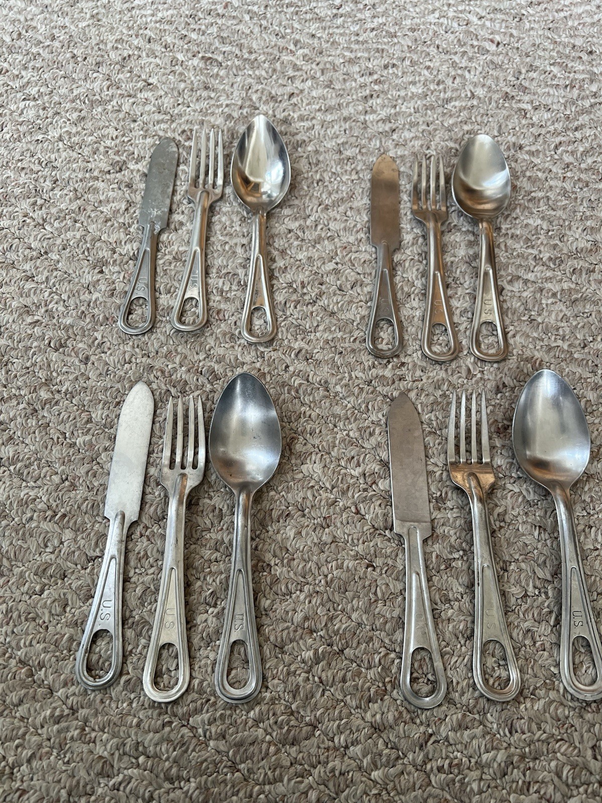 Set Of 4 Vintage U.S. Military Mess Kit Utensil Sets - Knife, Fork, Spoon