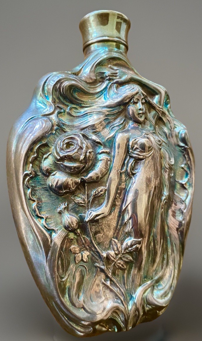Art Nouveau Spirit Flask Victor Silver Co Nymph Relief Iridescent Barware Superb