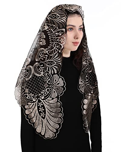Spanish Catholic Lace Veil - Virgin Mary Embroidery Church Black Gold-3