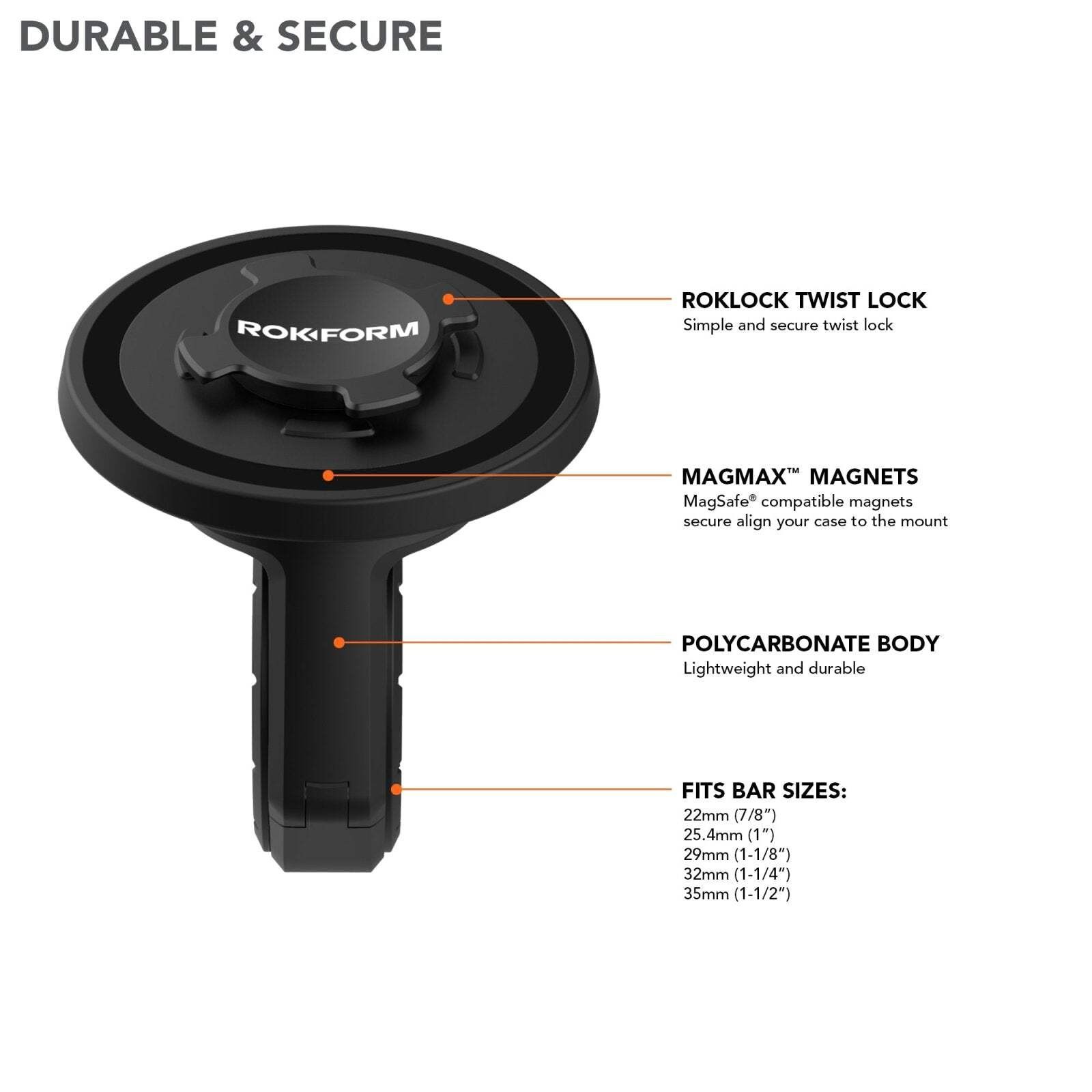 RokForm Universal Bike Phone Mount Bar Sizes from 22mm (7/8") to 35mm (1-1/2")