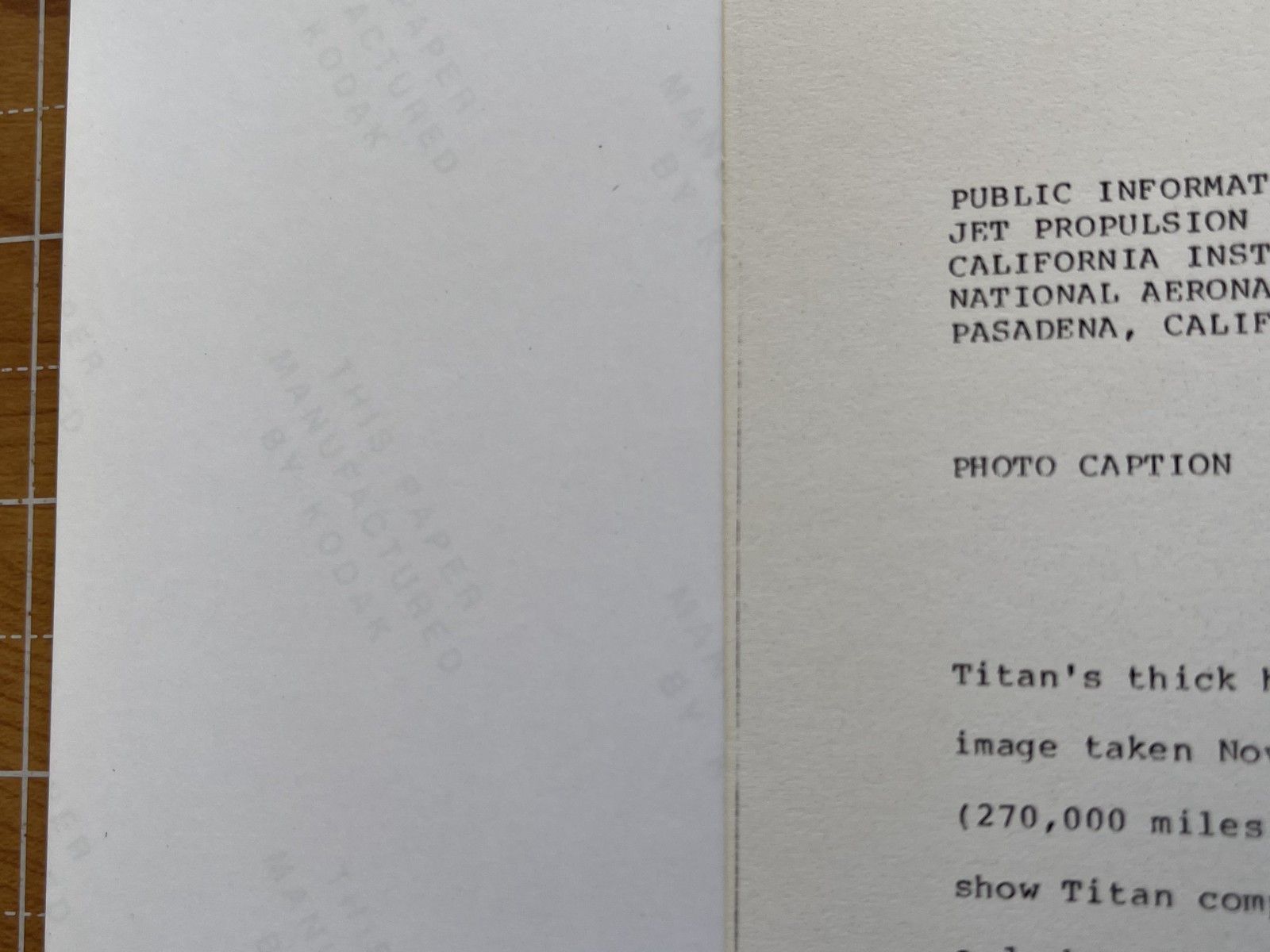 VINTAGE SPACE NASA PHOTO SATURN MOON TITAN VOYAGER JPL KODAK PAPER