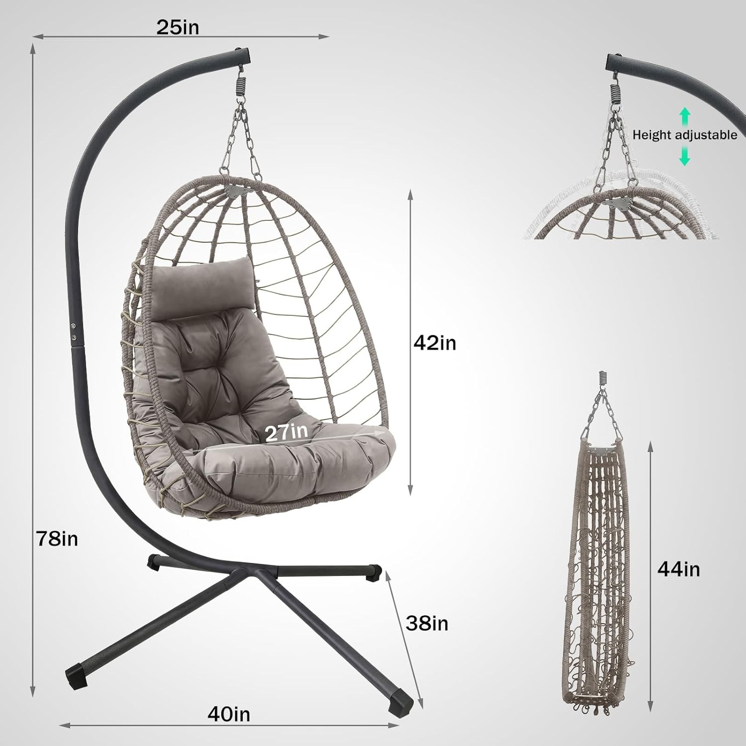 Hanging Egg Chair with Stand, Outdoor Wicker Patio Swing, Foldable Hammock Chair