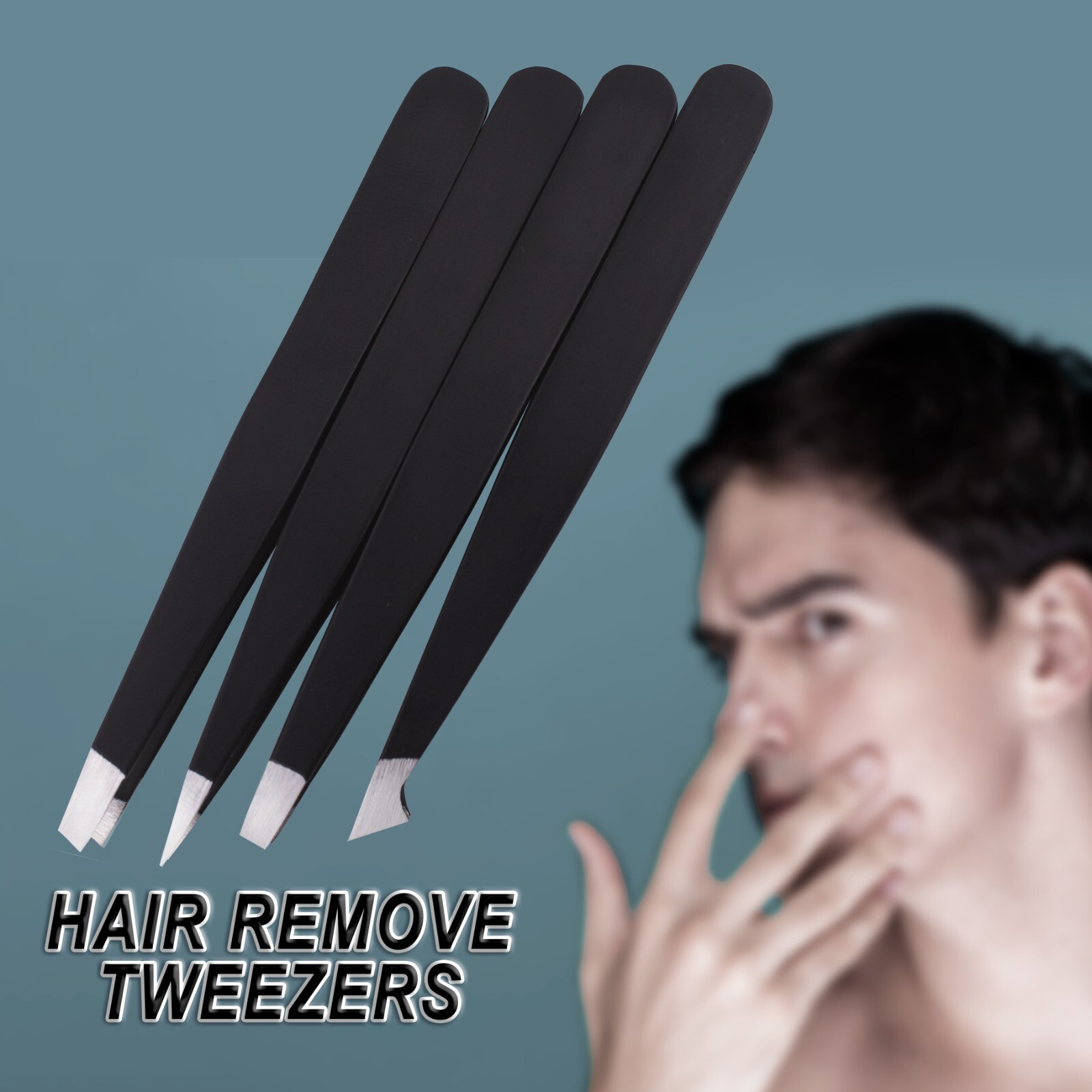 Tweezers Set 4-Piece Professional Black Plucker Stainless Steel With Case US