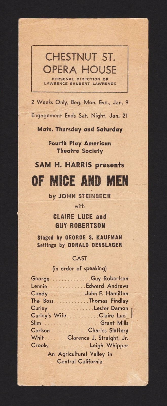 John Steinbeck "OF MICE AND MEN" Claire Luce / Guy Robertson 1939 Playbill