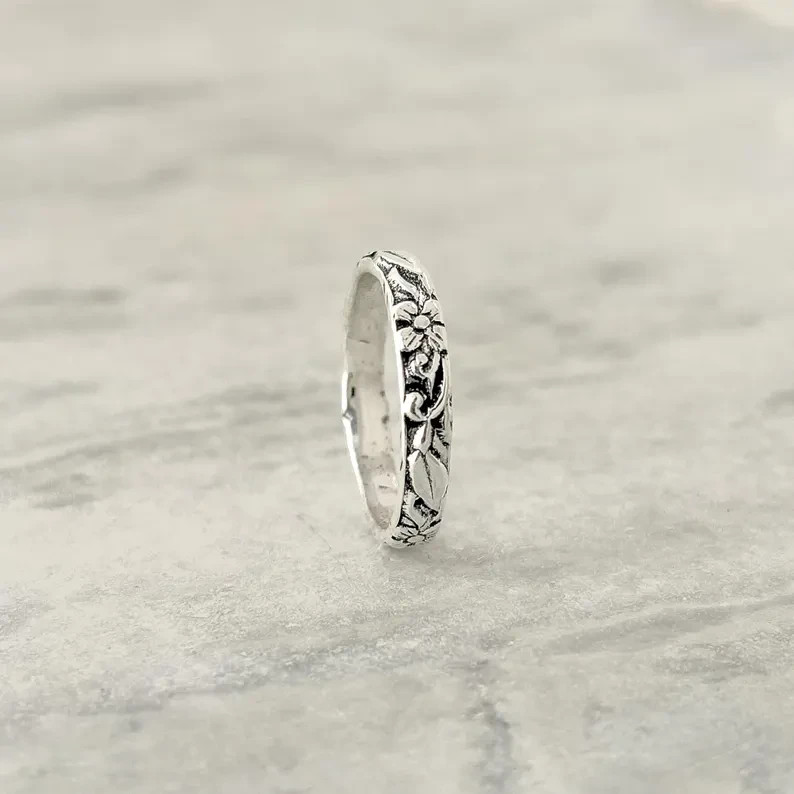 Solid 925 Silver Flower Ring, Sterling Silver Floral Band, Band Ring, All Size