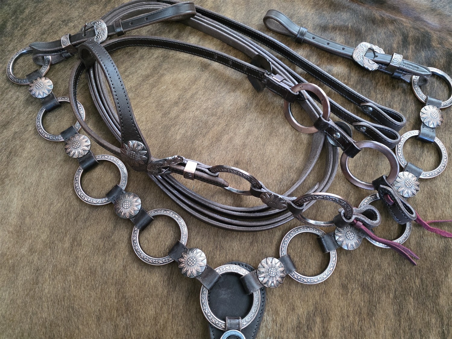 Metal Ring Headstall, Reins and Breastcollar - Sunflower Rings - Copper Rings