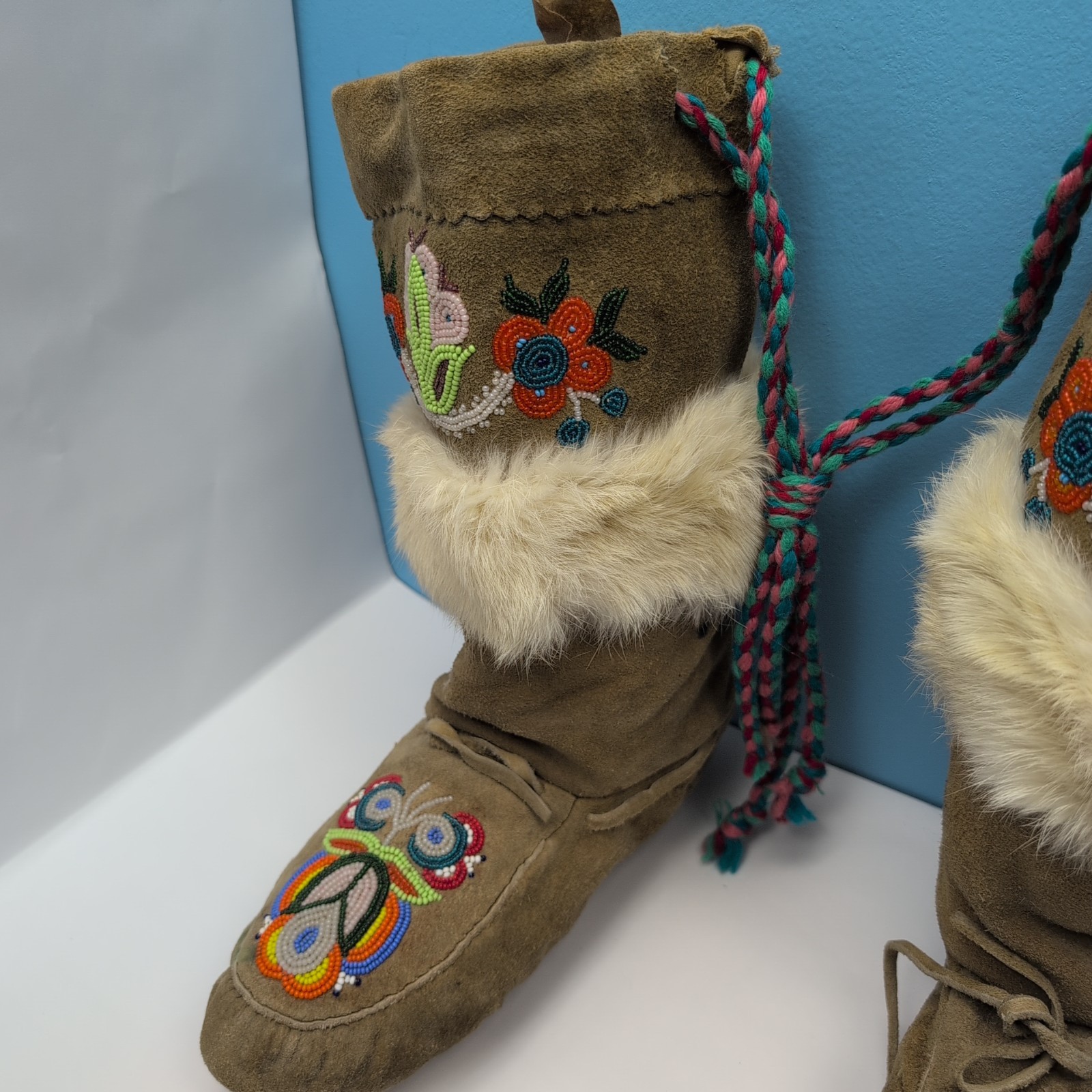 Vintage Beaded Mukluks Moccasin Boots Fur Trim Native American Plains Region