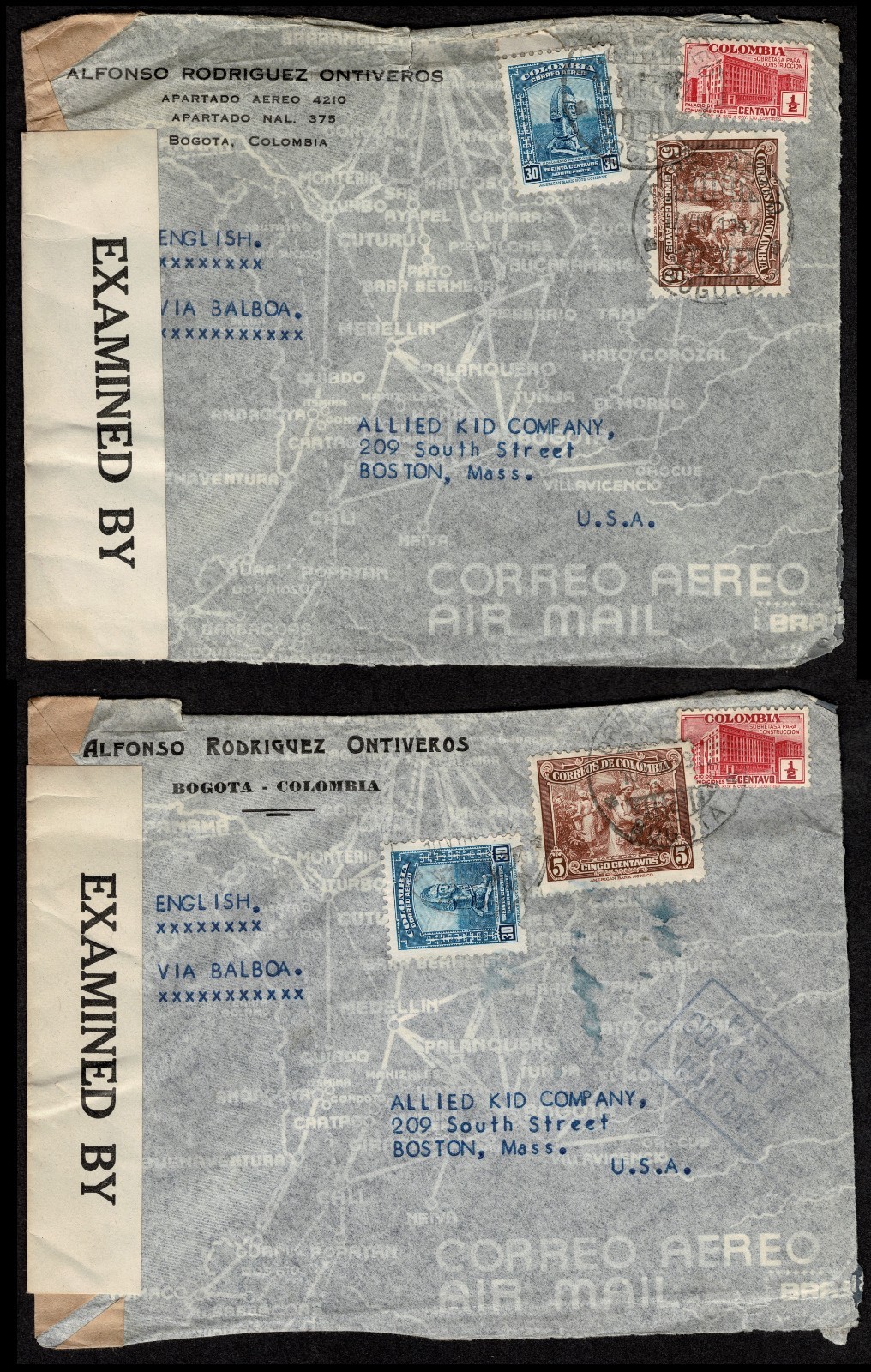 Columbia to USA: 1942 & 194(?) two  censored covers Bogota to Boston