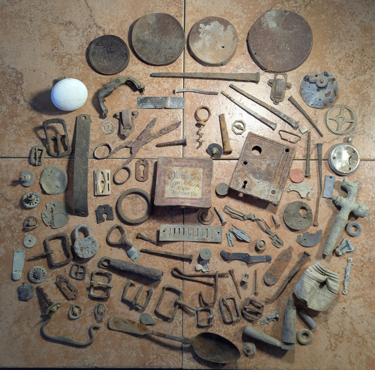 Dug Relics Vintage Iron Axle Grease Tin Door Knob Barrel Spigot Brass Ruler