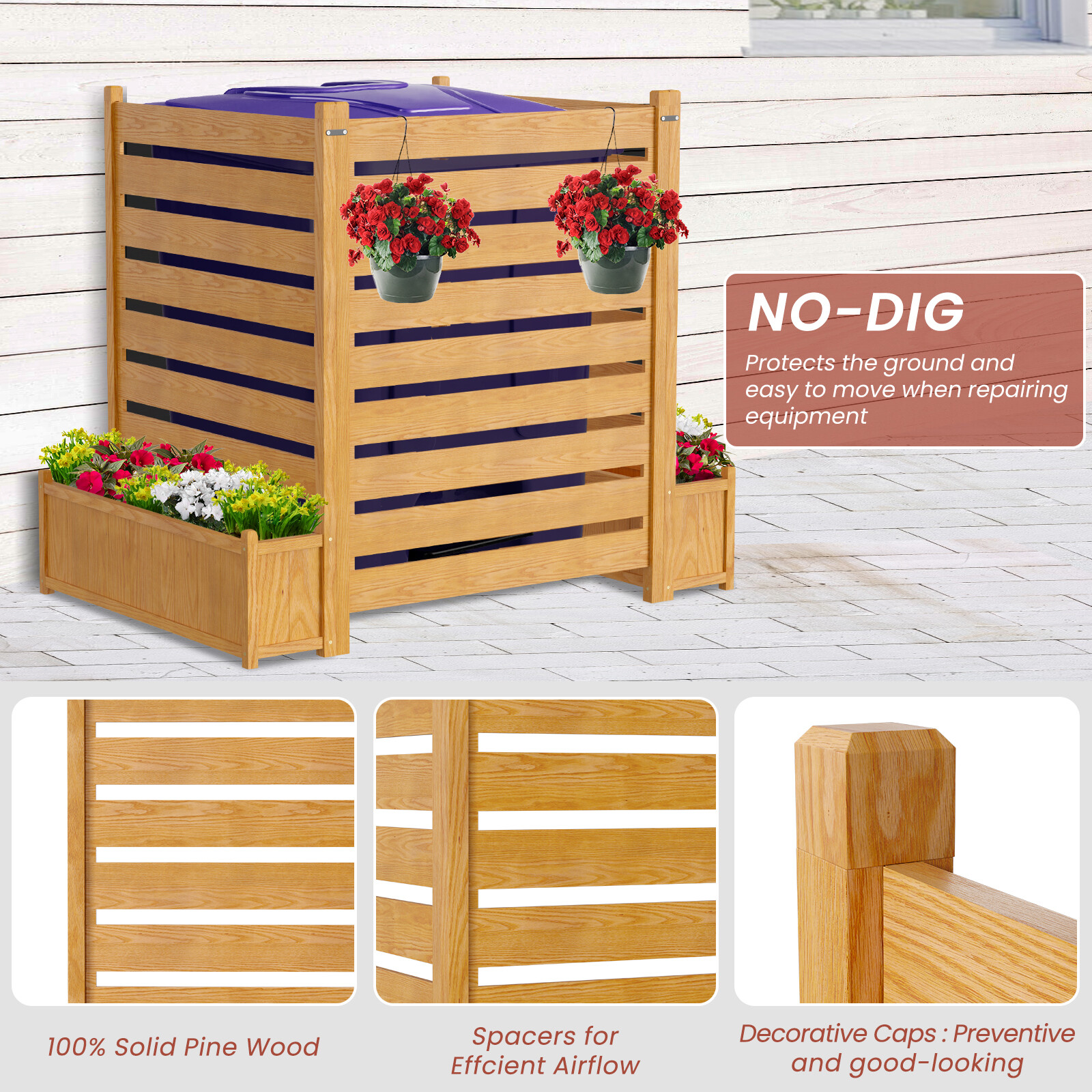 NAIZEA 3 Panels 36"Wx45"H Air Conditioner Fence Privacy Screen with Planter Box