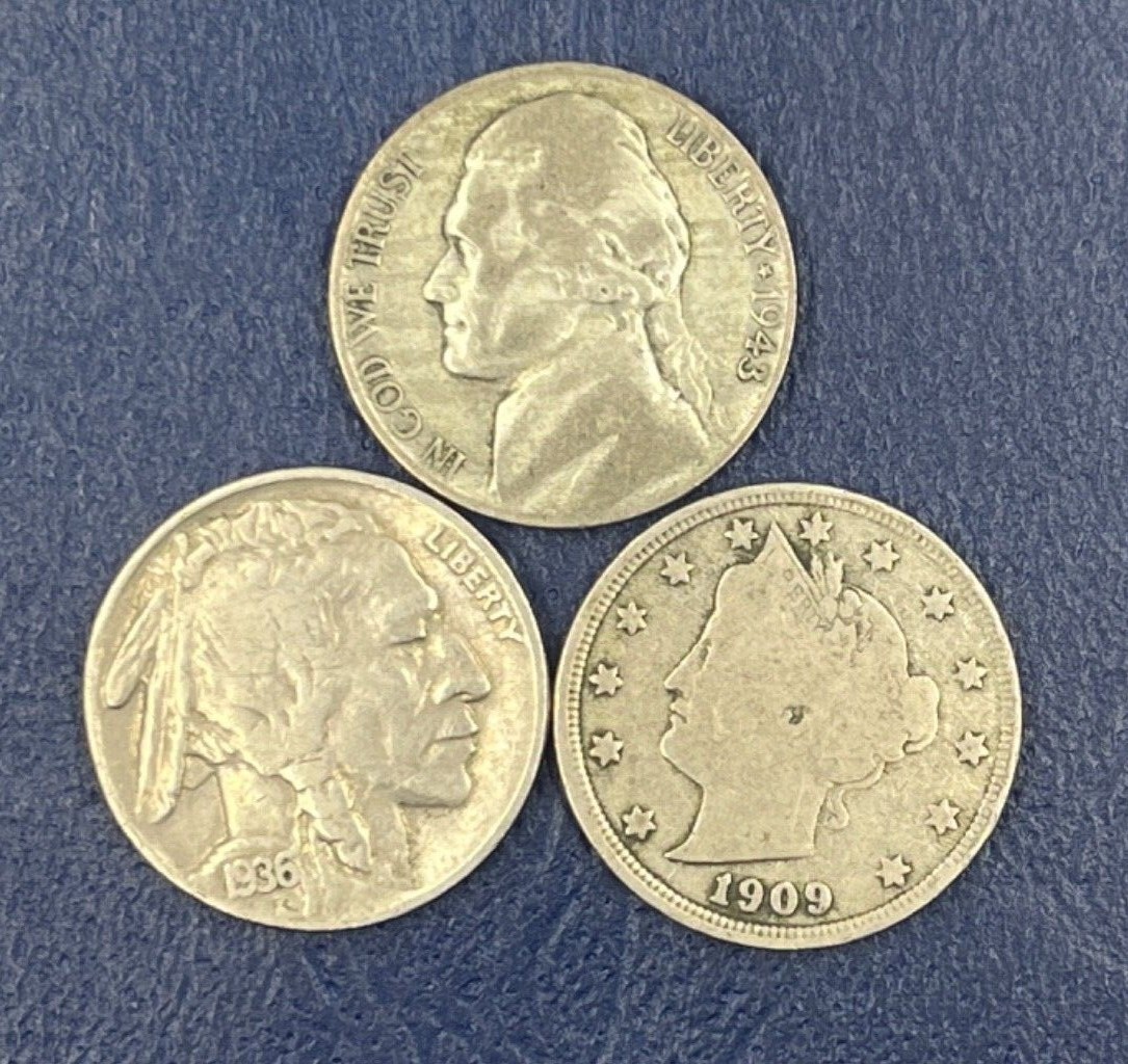 (3) ICONIC NICKELS LIBERTY, BUFFALO AND 35% SILVER WAR NICKEL