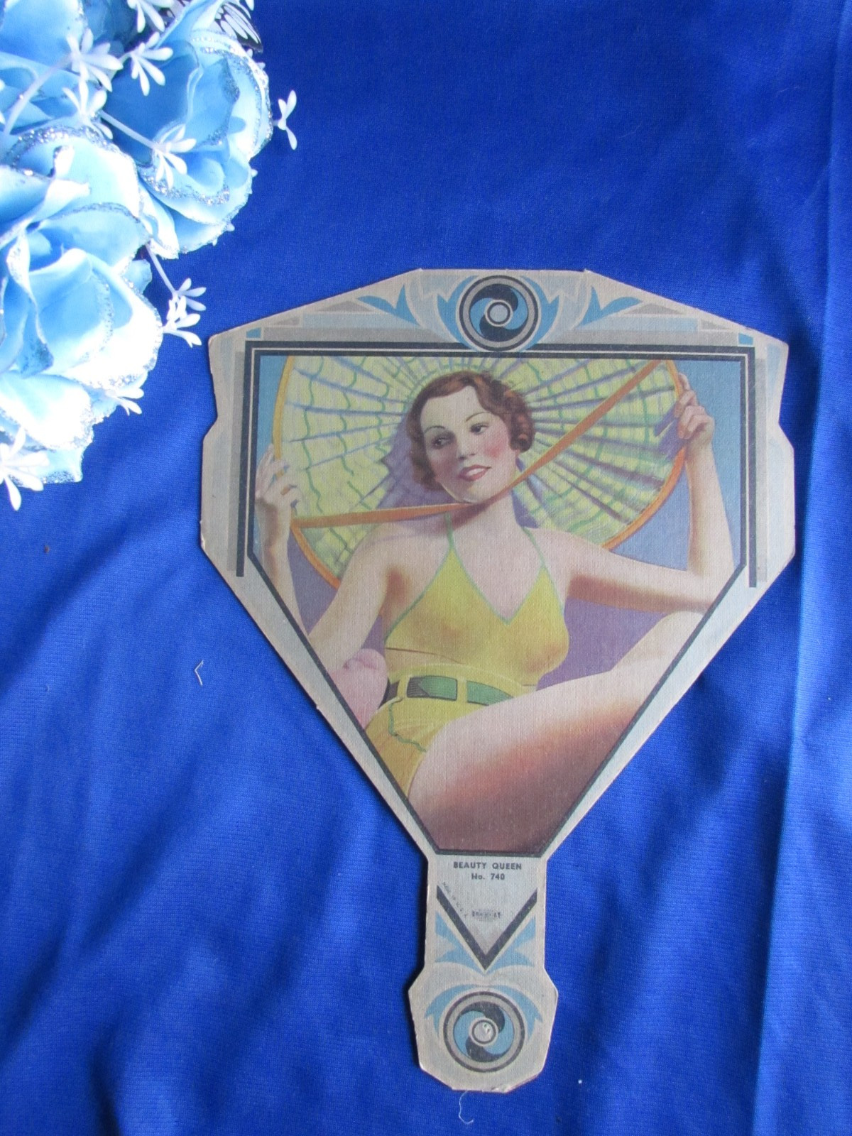 ANTIQUE 1920s ADVERTISING HAND FAN ART BEAUTY QUEEN CHICAGO CLOTHING STORE EUC