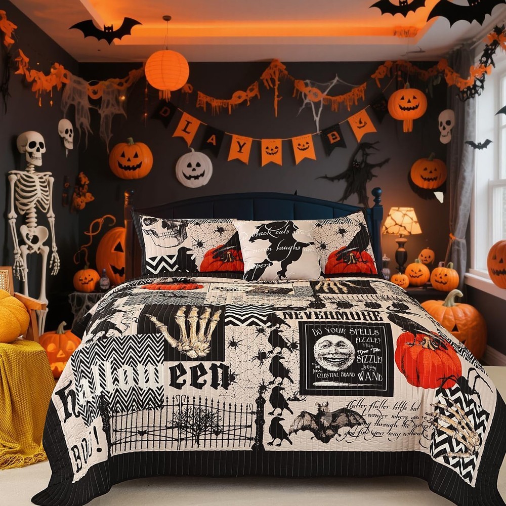 4 Piece Halloween Quilt Set Queen Size Bedspread Pumpkin Ghost Coverlet 90"x90"