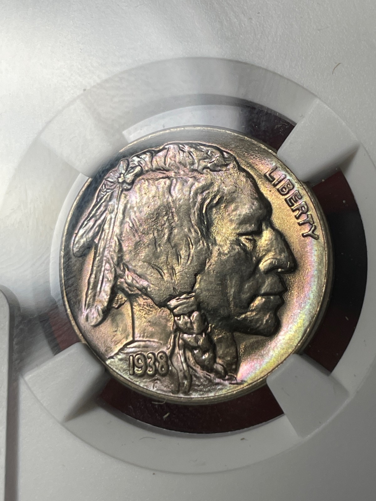 1938-D NGC MS67+ CAC Buffalo Nickel Rainbow Toned