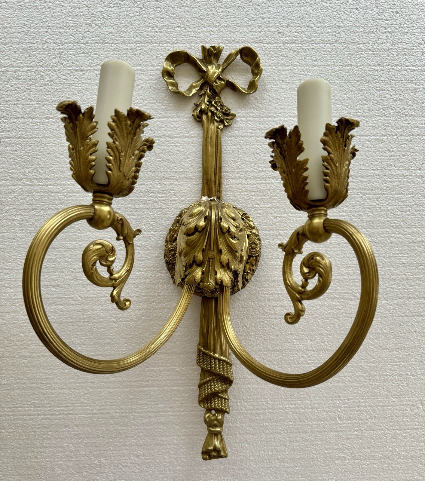 PAIR Antique French Gilt Brass Rope Bow Tassels Wall Sconce 2 Light Candelabras