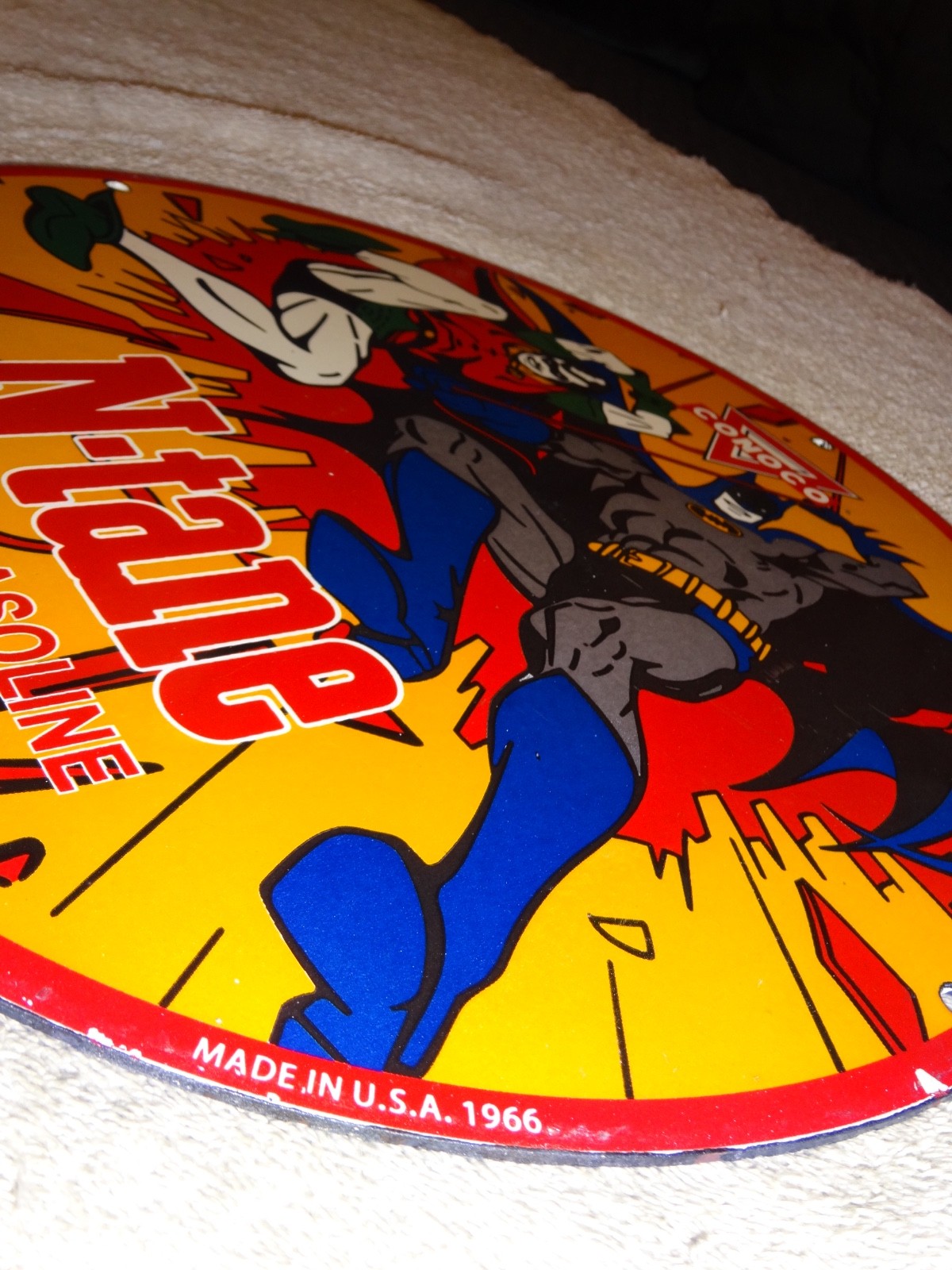 VINTAGE 1966 CONOCO GASOLINE W/ BATMAN & ROBIN 11 3/4" PORCELAIN METAL OIL SIGN!