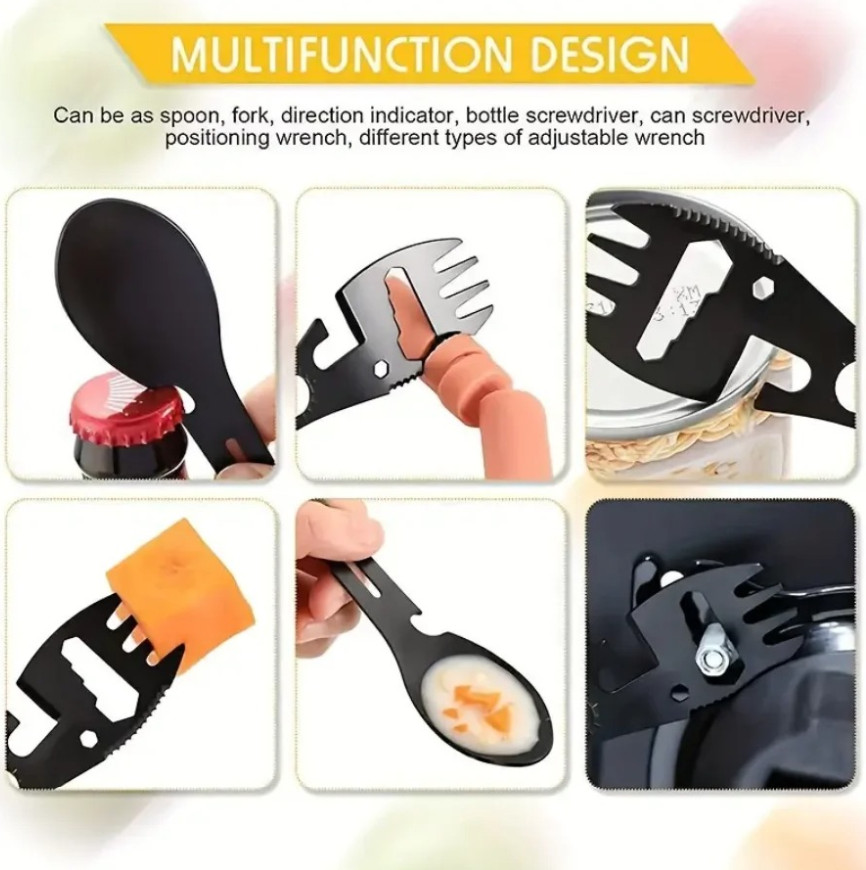 1pc Multifunction Camping Fork Spoon Bottle Opener Survival Tool Black - NEW