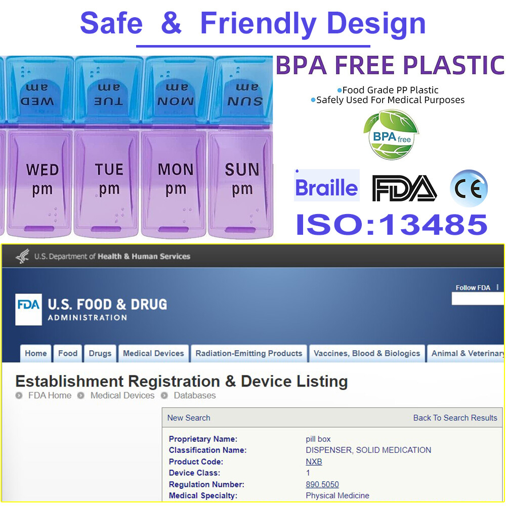 2x FDA Weekly Pill Box Organizer Grid 7 Day AM PM Medicine Case Braille Design