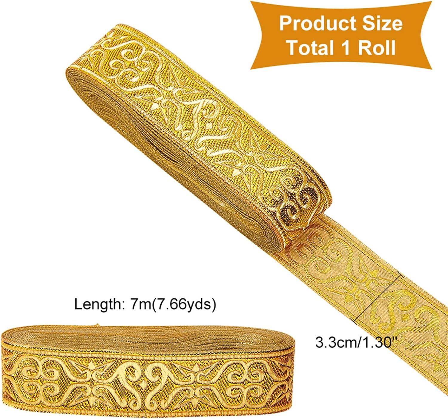 7.7 Yards Gold Jacquard Ribbon Trim, 1-1/4 Inch Wide Boho Woven Trim Ethnic Flor