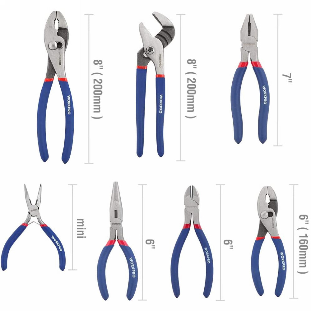 WORKPRO 7PC Pliers Set (8-inch Groove Joint Pliers 6-inch Long Nose Carbon Steel