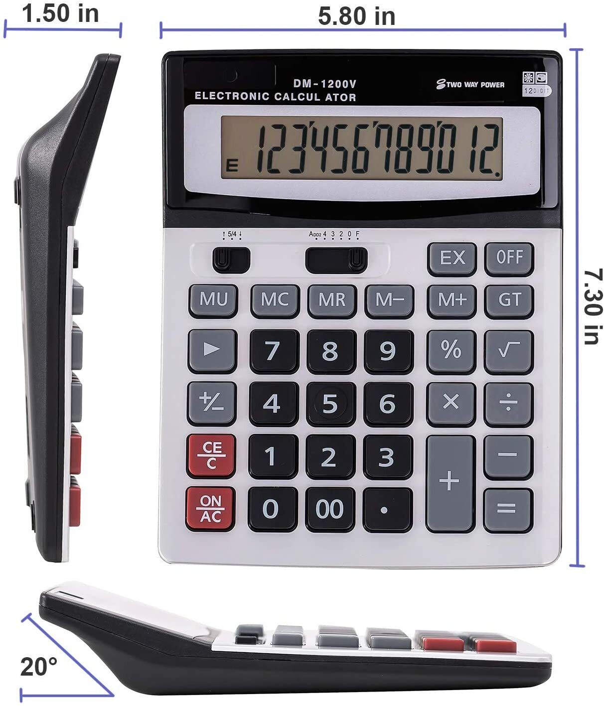 12-Digit Desktop Calculator Standard Function Dual Power Calculator Solar and AA