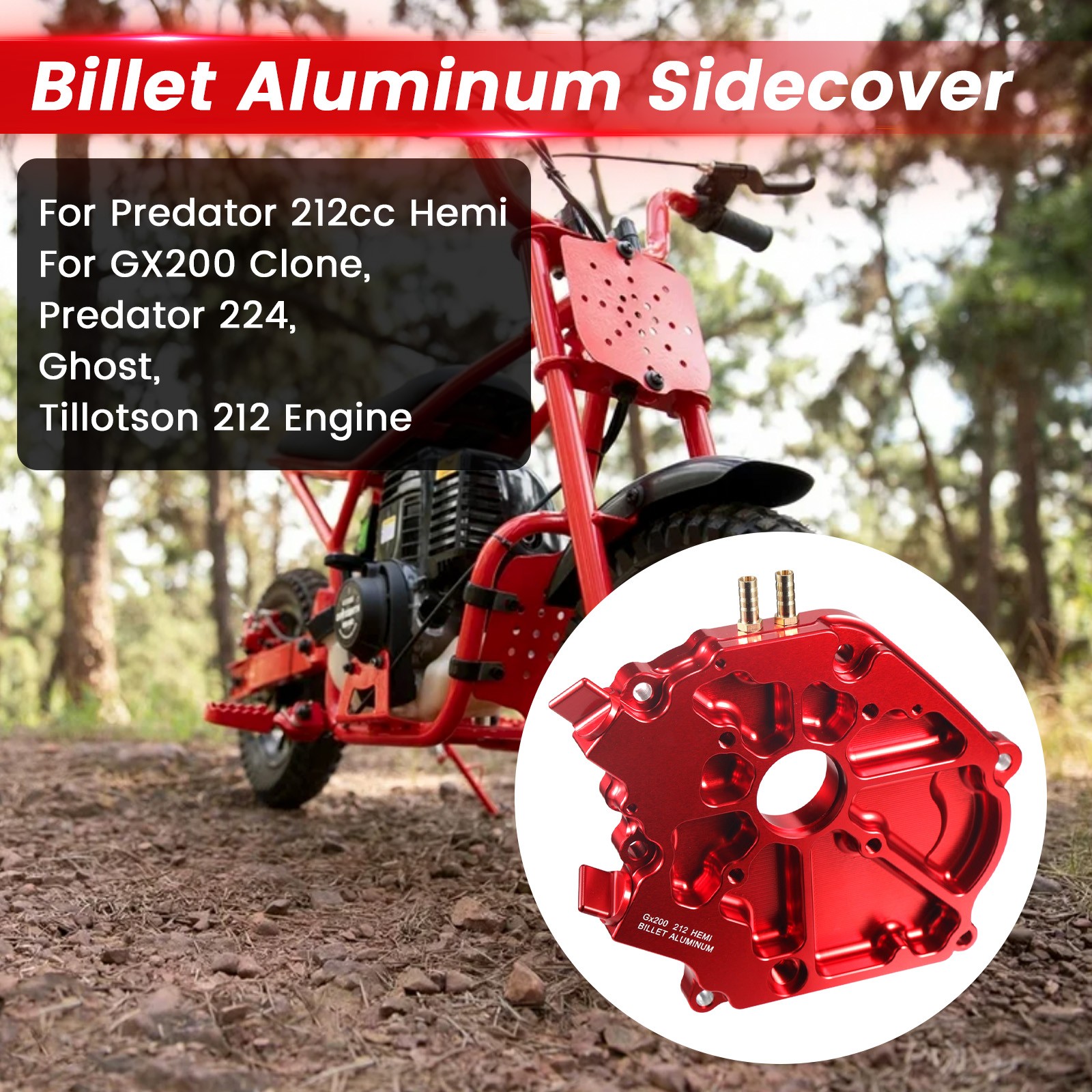 Dual Bearing Billet Side cover For GX200 196 Predator Hemi,Ghost,212 and 224 Red