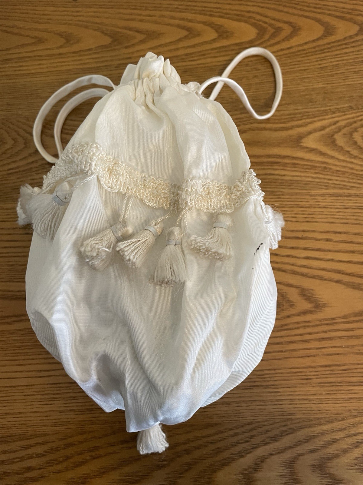 Victorian 1800s Reproduction Drawstring White Fabric Bridal Purse Bag Tassels