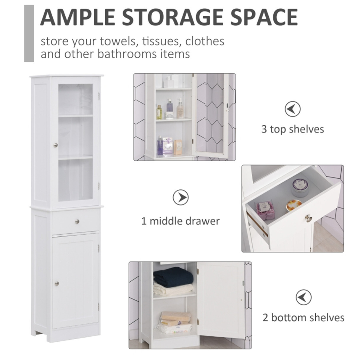 Bathroom Storage Cabinet with 3 Open Shelves on The Top 1 Drawer in The Middle