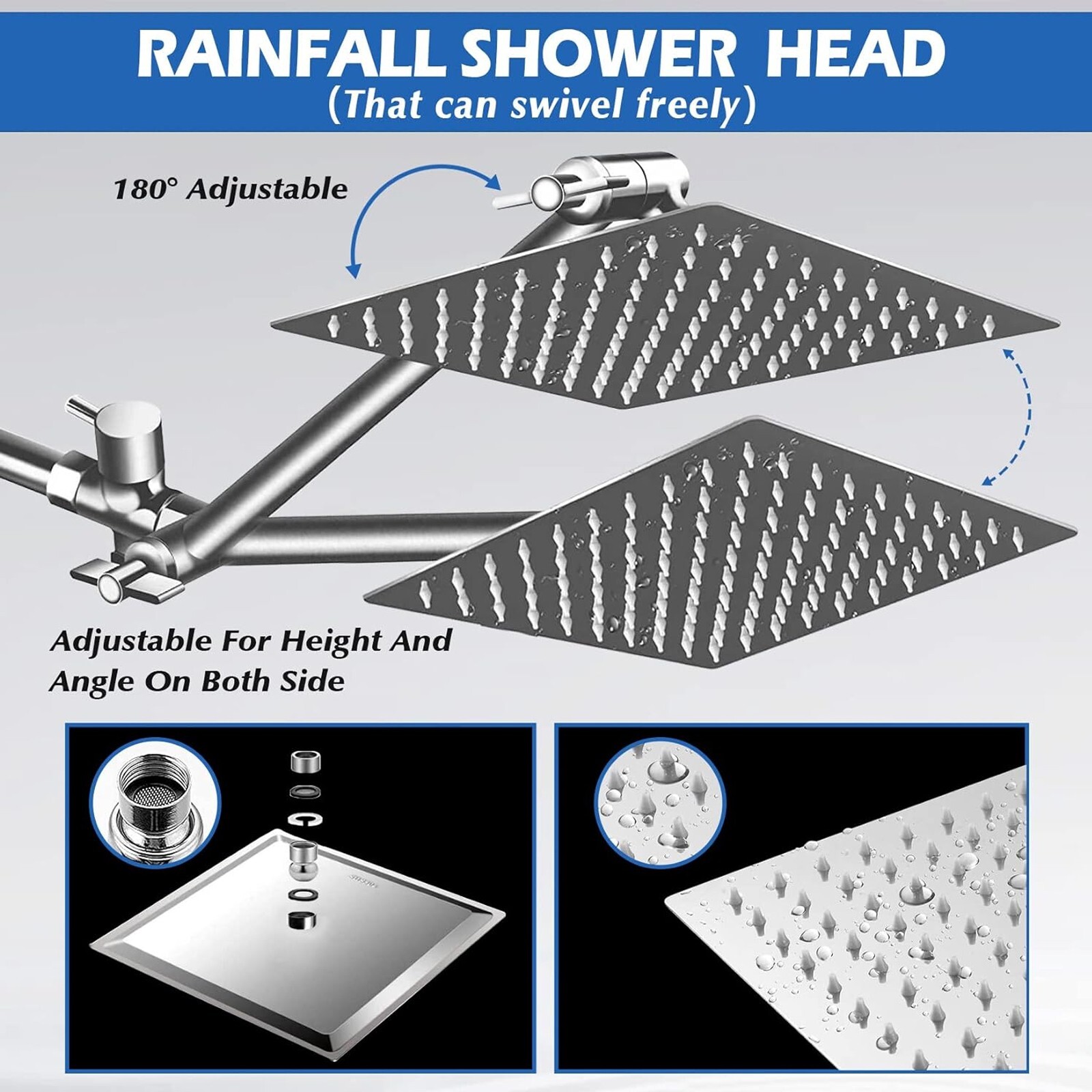 Chrome 8"Rain Shower Head with Handheld Spray Combo High Pressure Adjustable Arm