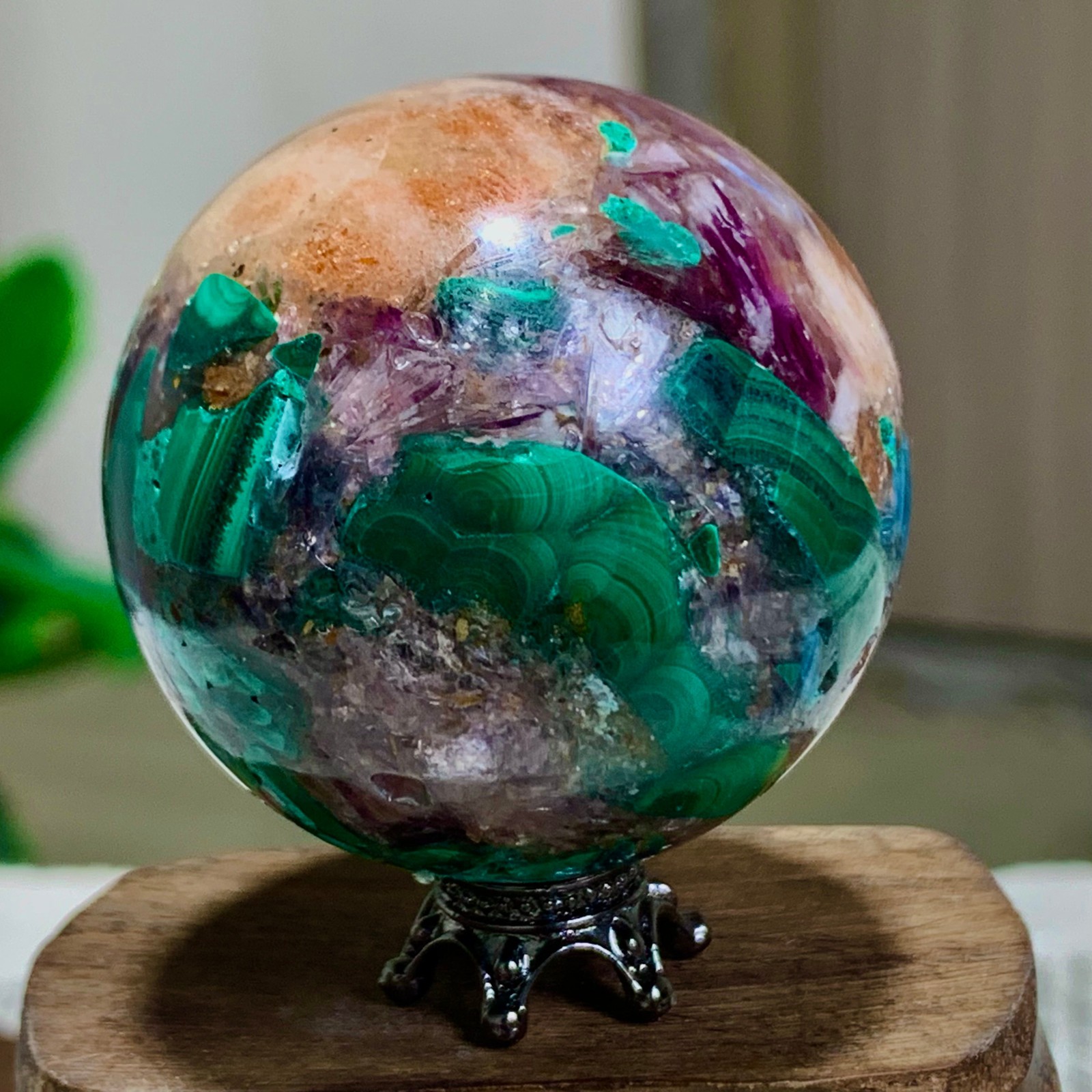 105G Newly discovered rare malachite purple mica symbiotic sphere restoration