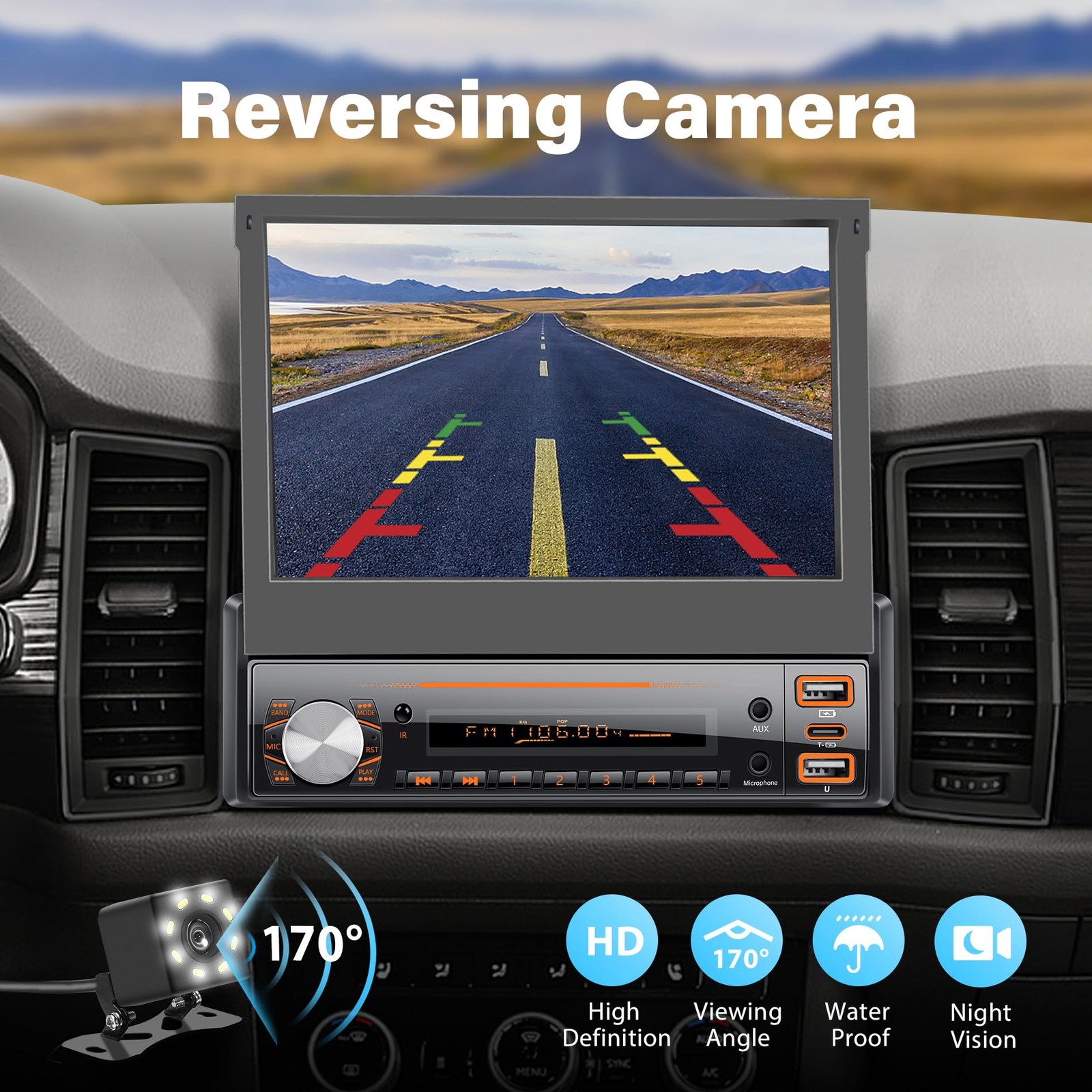 Single Din Car Stereo with Carplay ＆ Android Auto,7 Inch Flip-Out Touchscreen