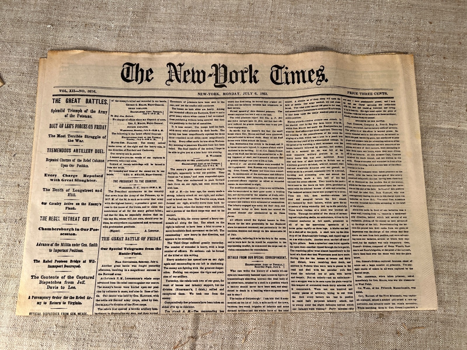 Lot of 5 NEW YORK TIMES 1861-1865 Major events in Civil War, Reprod. of original
