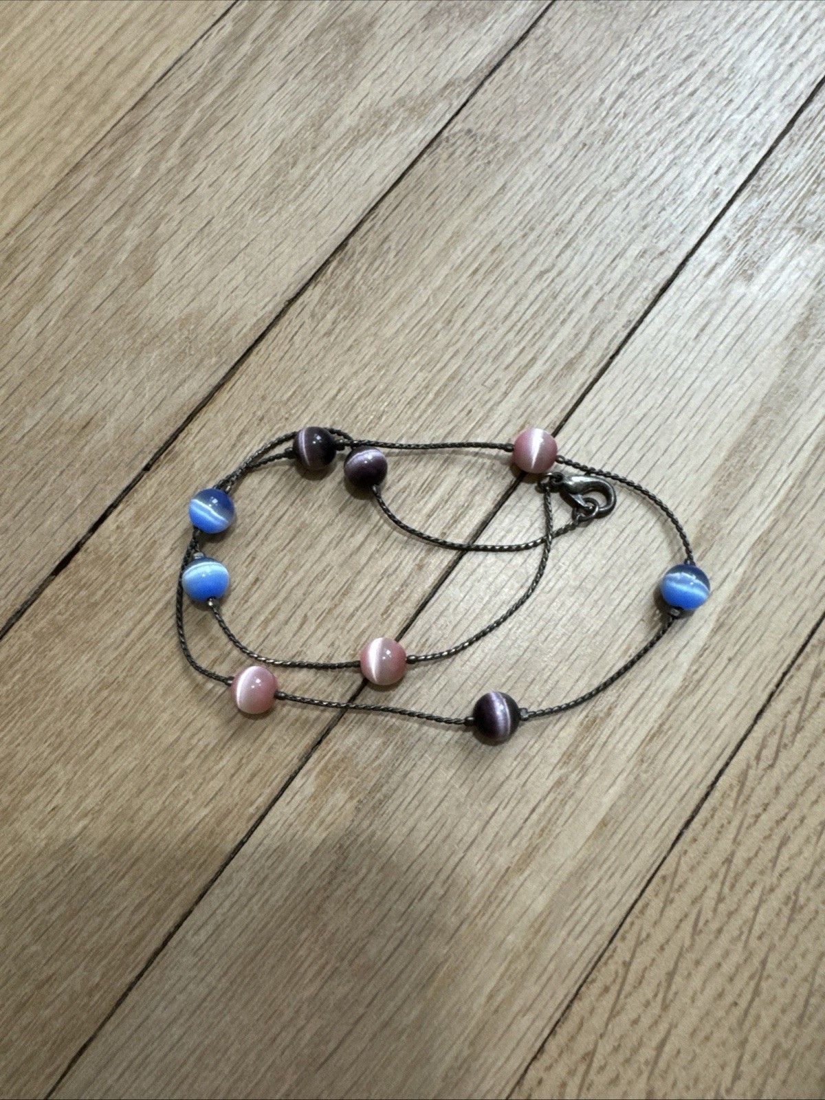 Vintage Sterling Silver Multi Color Cat Eyes Beaded Necklace