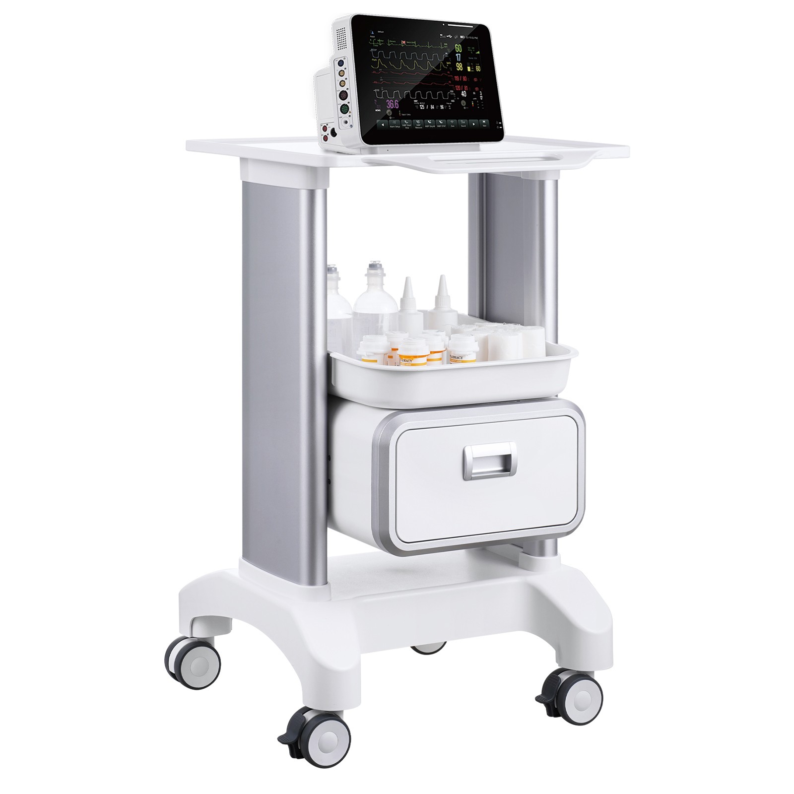 Uimoso 2 Tiers Lab Carts Mobile Medical Cart with 1 Drawer & 1 Top Tray White
