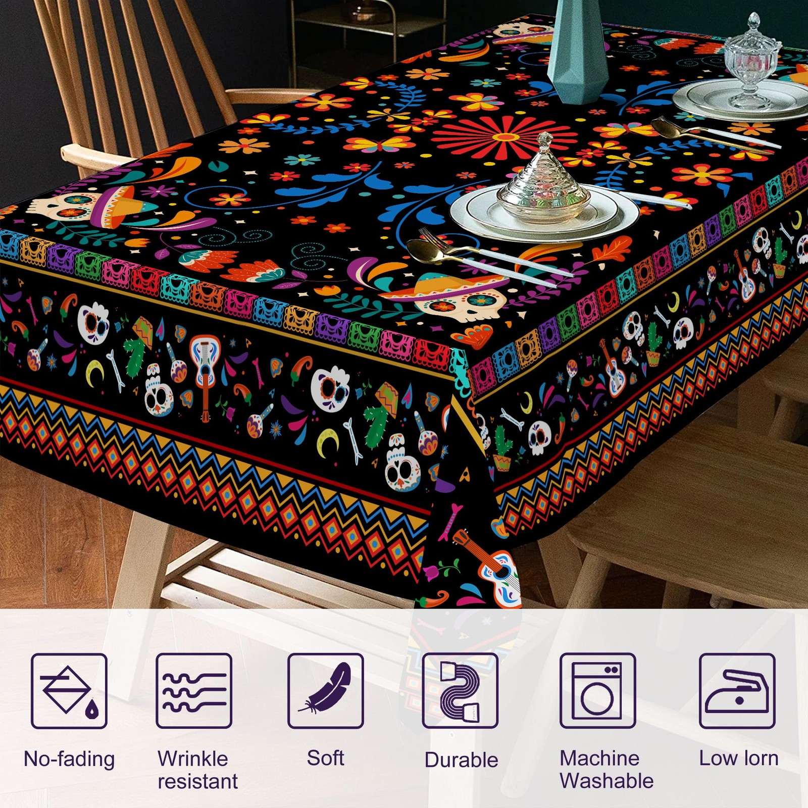 Mexican Tablecloth Round 70 Inch, Cinco De Mayo Flower Skull Table Cloth Fies...
