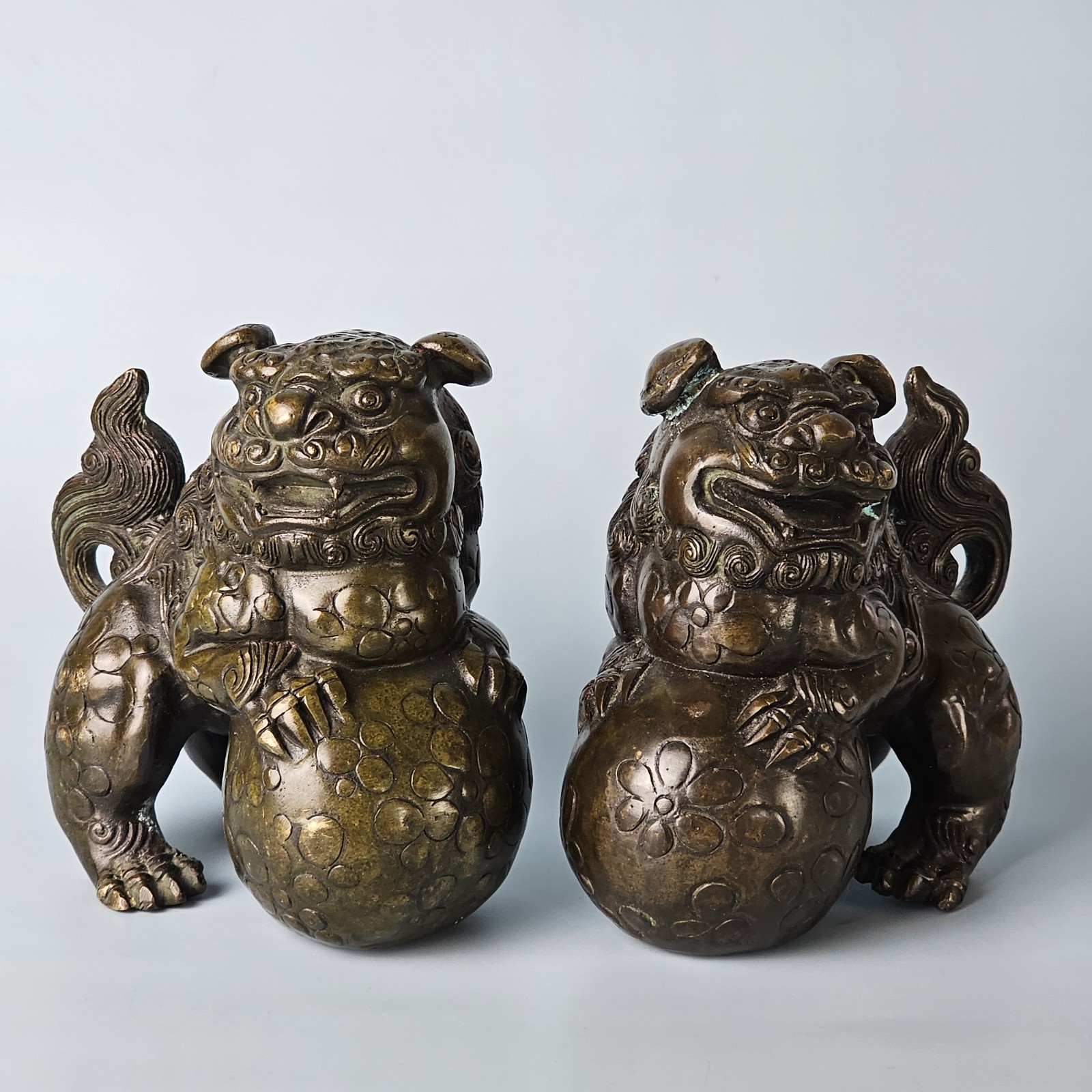 Vintage Asian Mythical Fu Foo Dog Guardian Lions Bronze Sculpture Marked