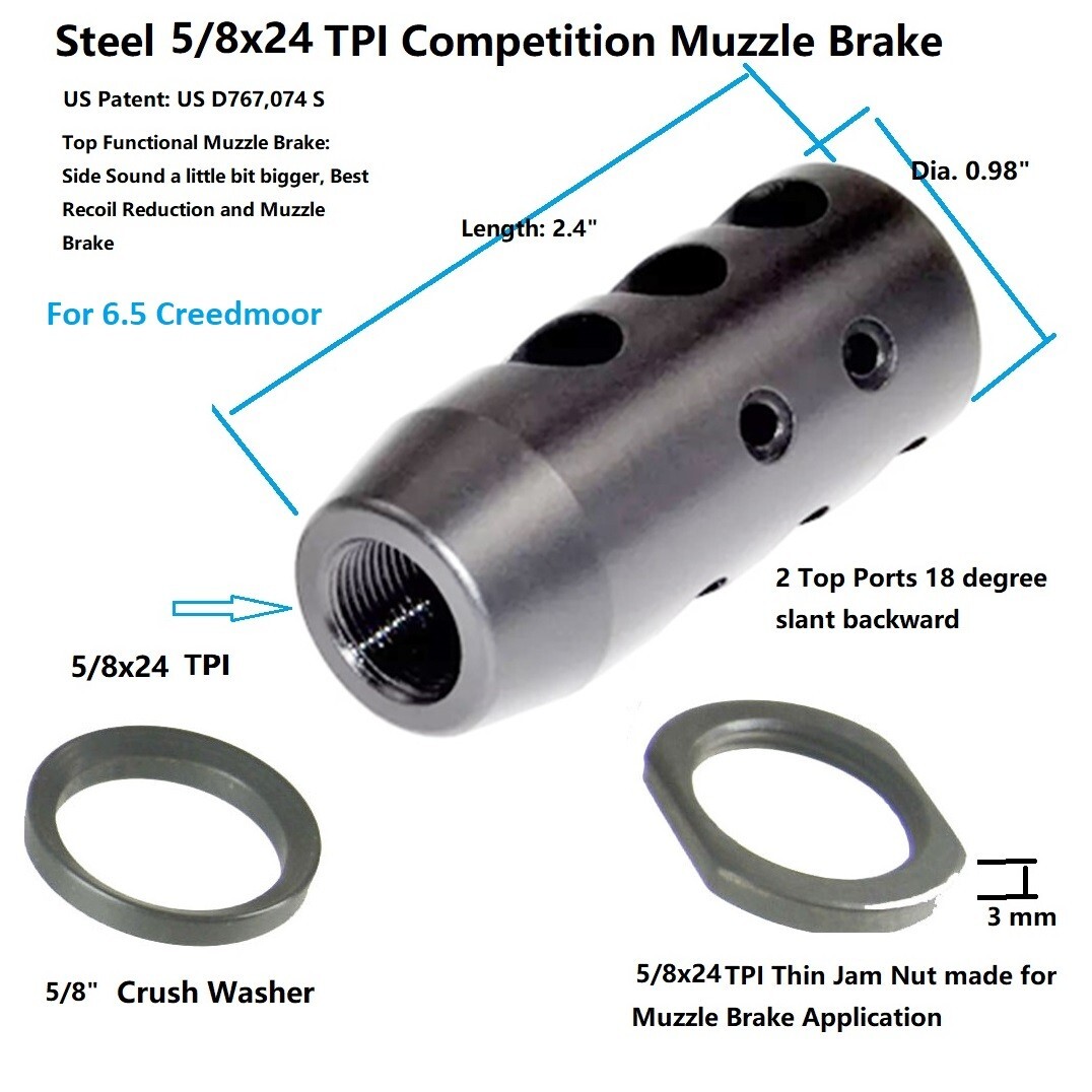 Steel 5/8x24 TPI Threaded Competition Muzzle Brake For 6.5 Creedmoor