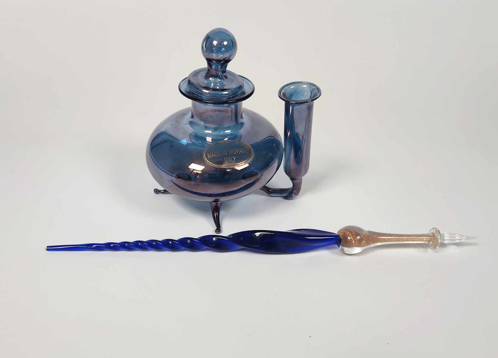 Rare 1960's Murano Glass Inkwell & Dip Pen Set – Cobalt Iridescent Signed Italy