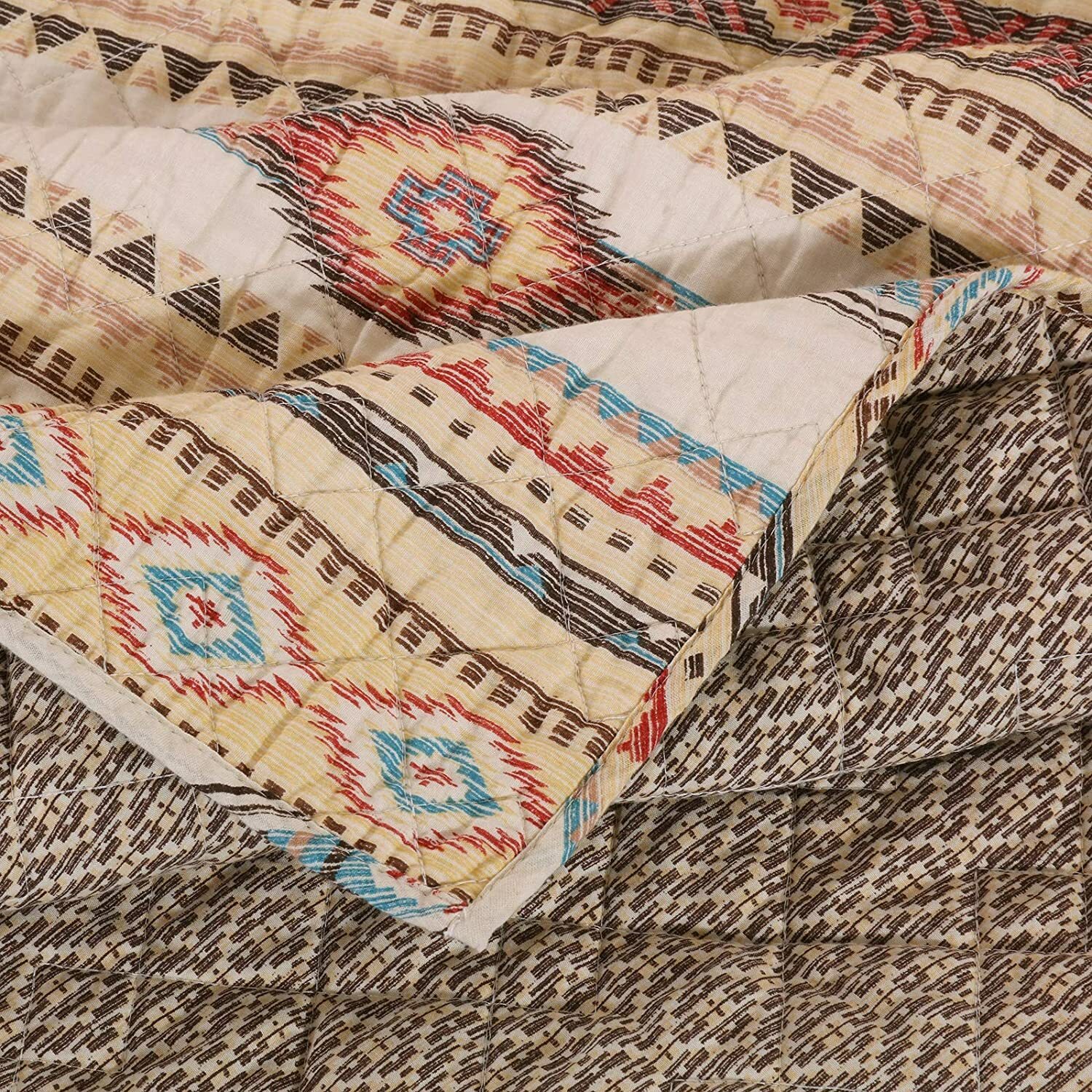 SOUTHWESTERN PHOENIX 3p King QUILT SET : BROWN TURQUOISE SOUTHWEST NATIVE TRIBAL
