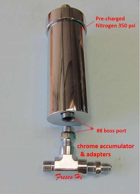 Lowrider Hydraulics accumulator, boss 8 port, pre-charged & adapters, all chrome