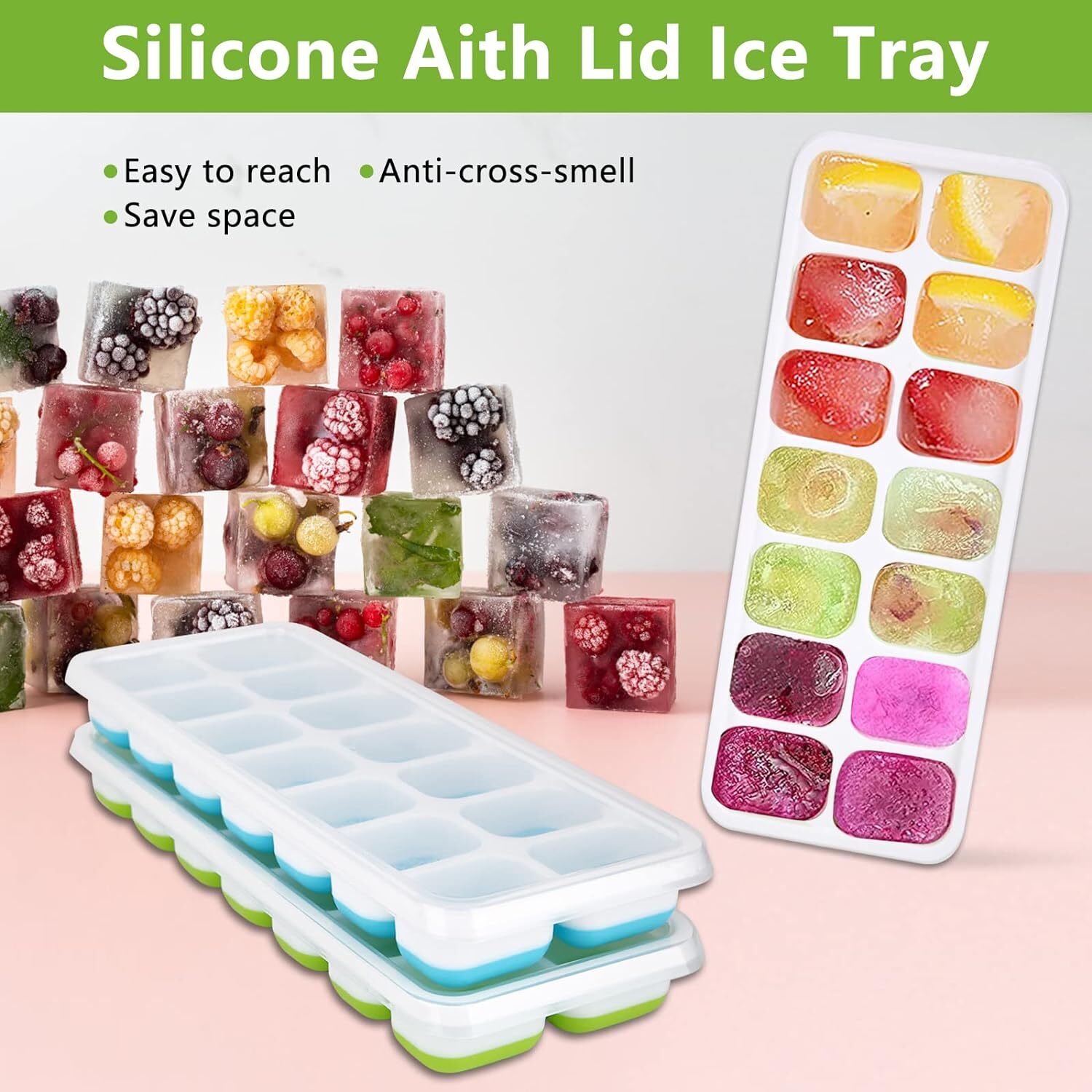 Ice Cube Tray, 4 Pack Silicone Ice Tray, 14 Ice Cube Molds with Lids, Stackable