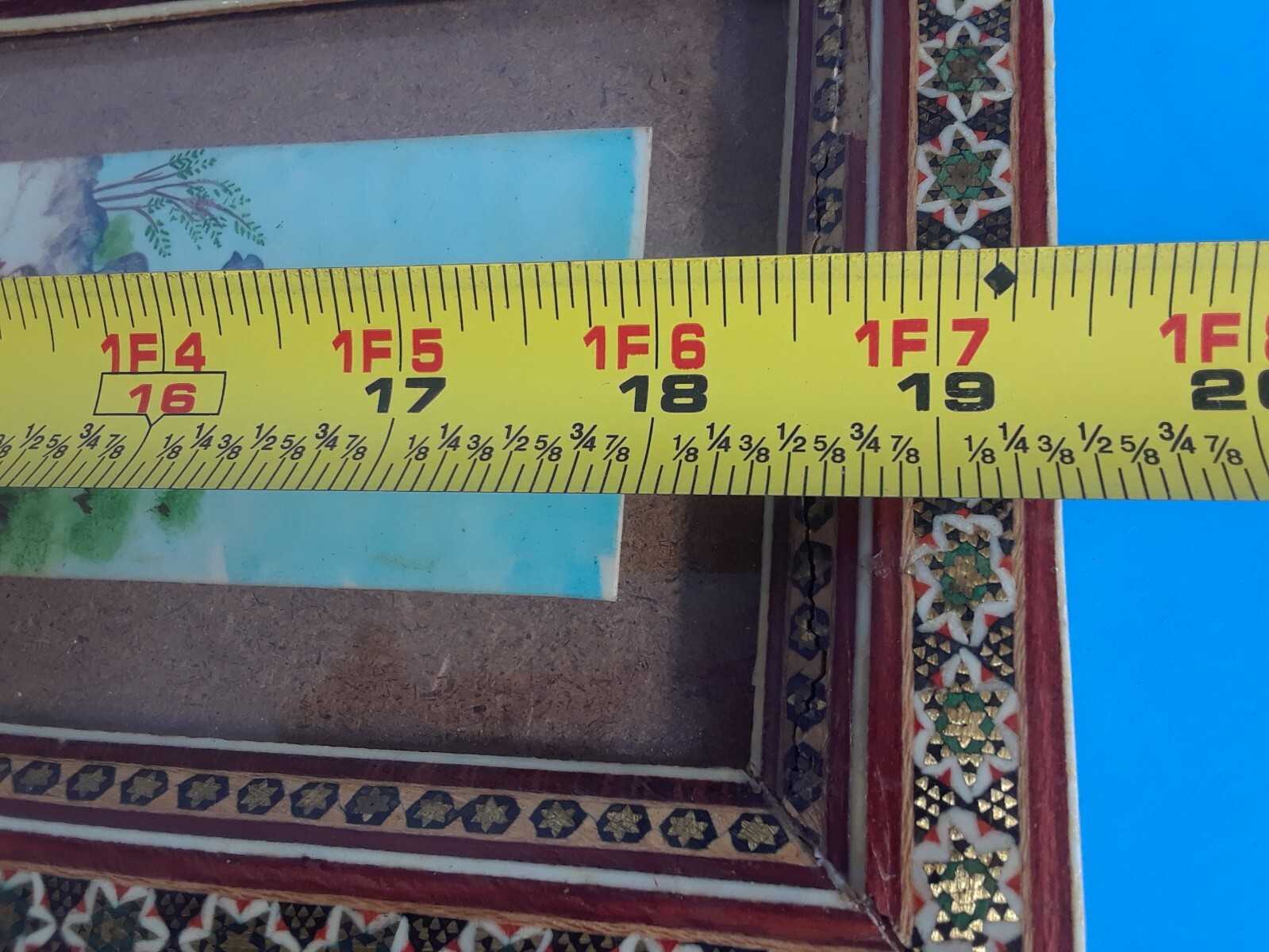 Chinese Scroll Warrior Horses Enamel and Wood Frame 19 3/8 x 5.5