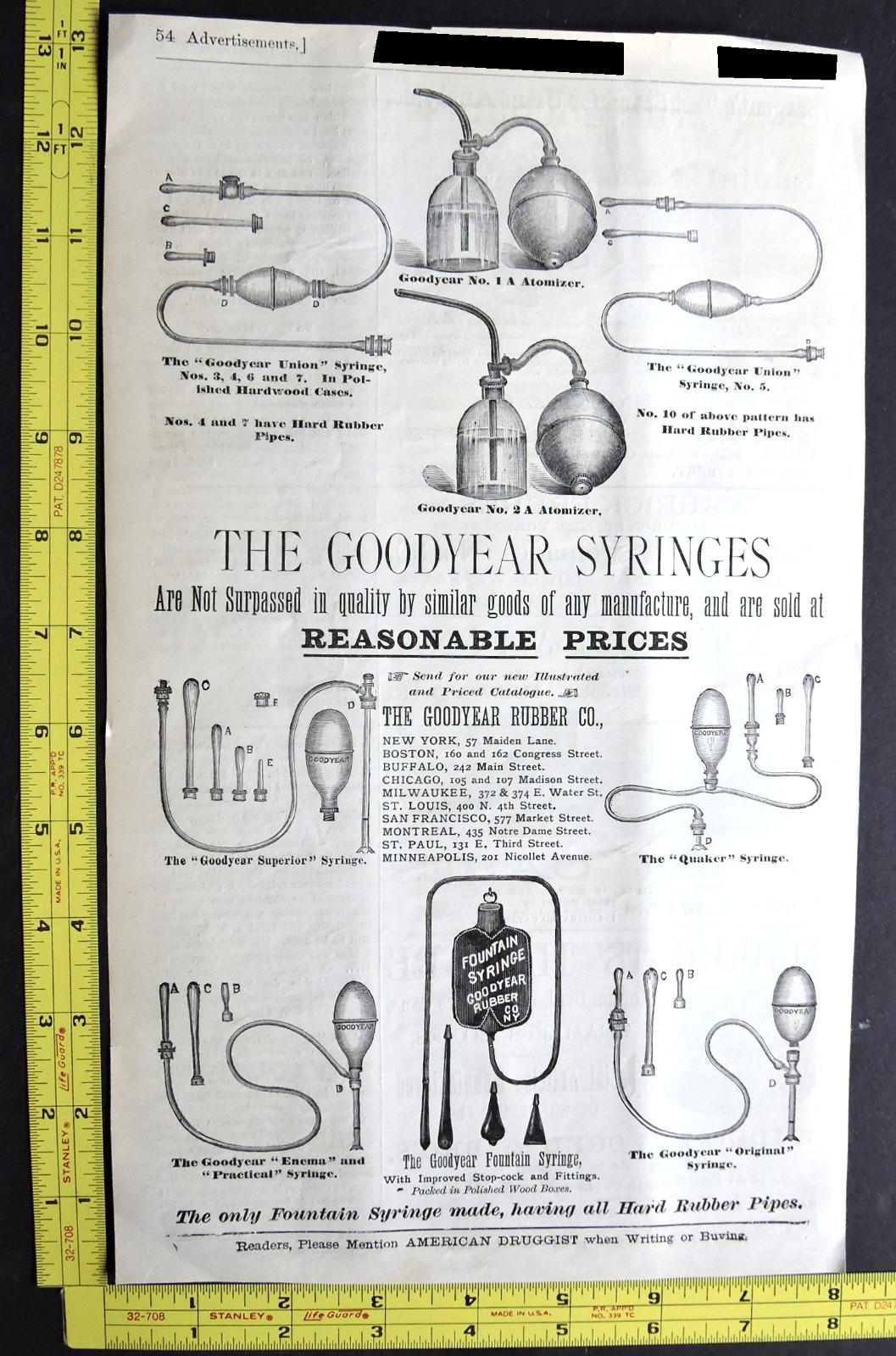RARE! Antique 1886 Ad – Goodyear Rubber Co. Medical Atomizer & Syringe Vtg